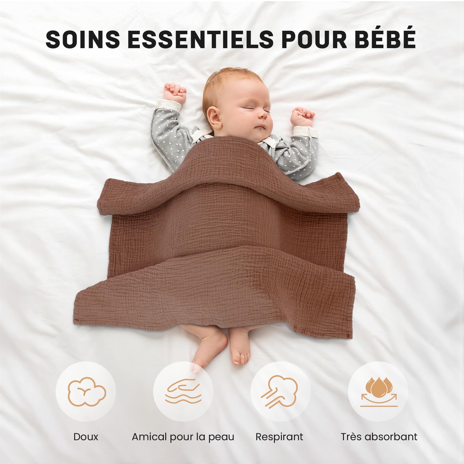 Lange Bebe 60x60cm - Lot de 4 Mousselines de Coton Langes Bébé, Ultra Douces, Absorbantes et Peau Sensible pour Bébé Filles et Garçons, Idéal pour Nettoyage et Protection, Lange Bebe en Gaze de Coton