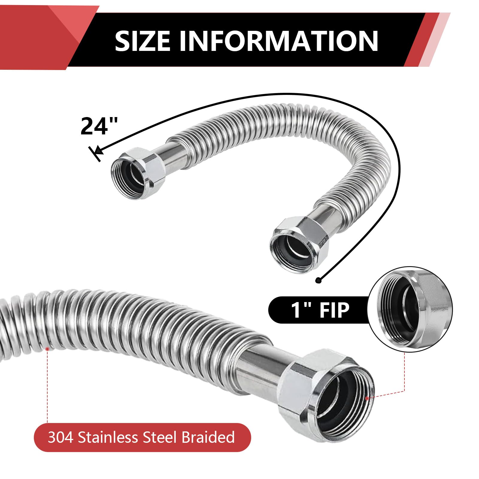 EFIELD - Conector de manguera corrugado flexible de acero inoxidable para calentador de agua, ablandador de agua, 24 pulgadas, 1 pulgada, FIP x 1 pulgada