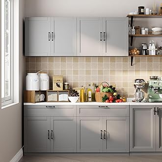 FAMAPY Wall-Mounted Kitchen Pantry Kitchen Storage Cabinet with White Countertop, Pantry Cabinet with Drawers & Doors, Wall Cabinet Grey and WhiteThe Forest Stewardship Council