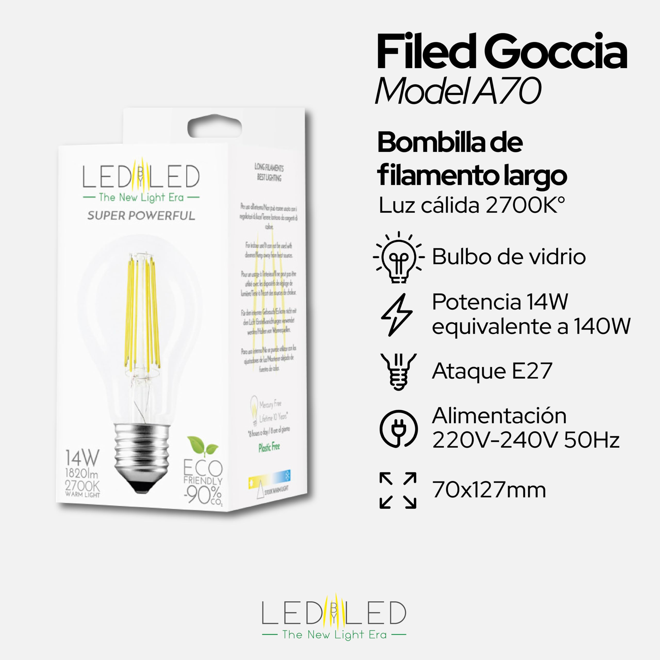Bombilla Gota 14W Equivalente a 140W, E27, Vidrio Transparente, 2700K Luz Natural, filamento LED recto, 1820 Lúmenes, Paquete de 10 unidades
