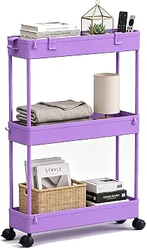 SPACELEAD Slim Storage Cart 3 Tier,Bathroom Organizer Rolling Utility,Mobile Shelving Unit Slide Out for Office, Kitchen, Laundry Room & Narrow Places,Purple