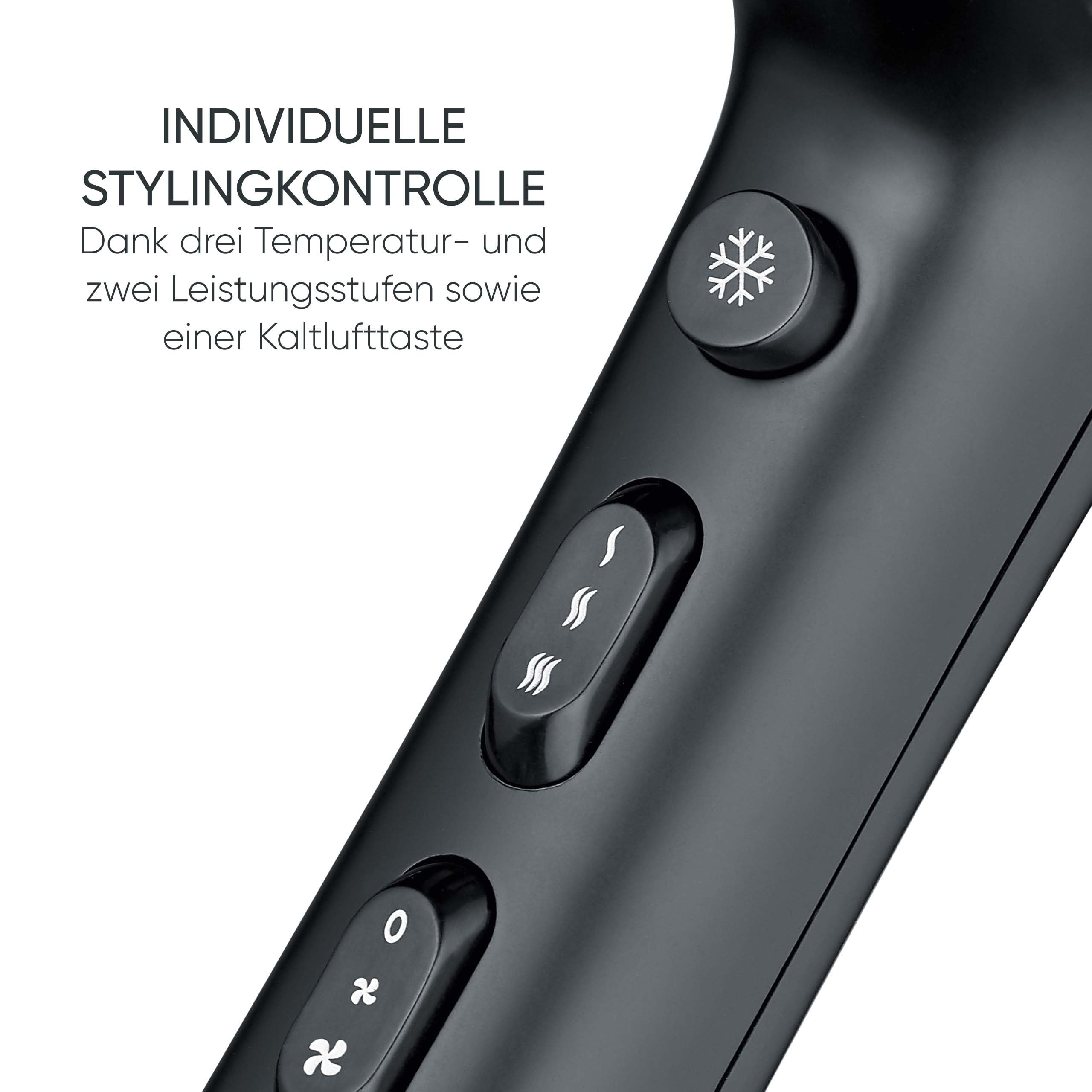 Severin Haartrockner mit Kabeleinzug, leistungsstarker Föhn mit Kaltlufttaste, inkl. Diffusor und Düse, 3 Heiz- & 2 Leistungsstufen, 1,8m Kabel, 2.100 Watt, schwarz, HT 0165