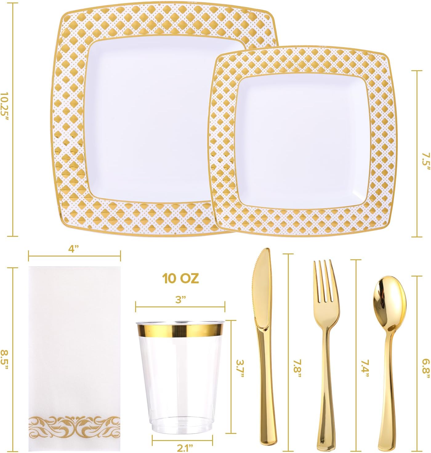FOCUSLINE 175 Ct Gold Dinnerware Set for 25 Guests - Square Plastic Plates with Diamond Rim, Including 25 Disposable Dinner & Dessert Plates, Napkins, Cups, Cutlery - Image 2
