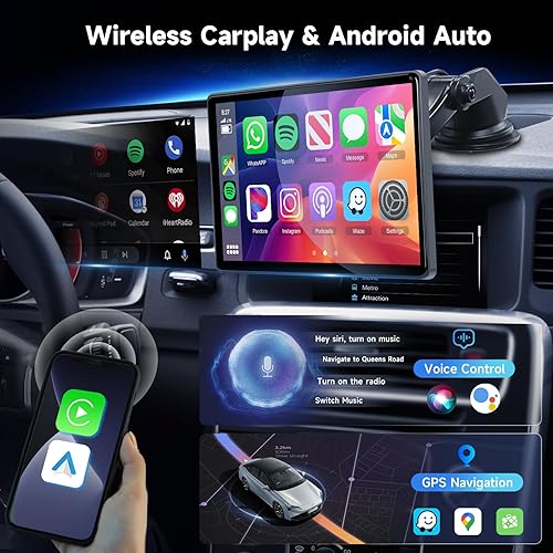 Miniatura 3 de Pantalla inalámbrica de Apple Carplay portátil estéreo para automóvil, Car Play Android Auto de 10.26 pulgadas, pantalla táctil IPS, receptores de