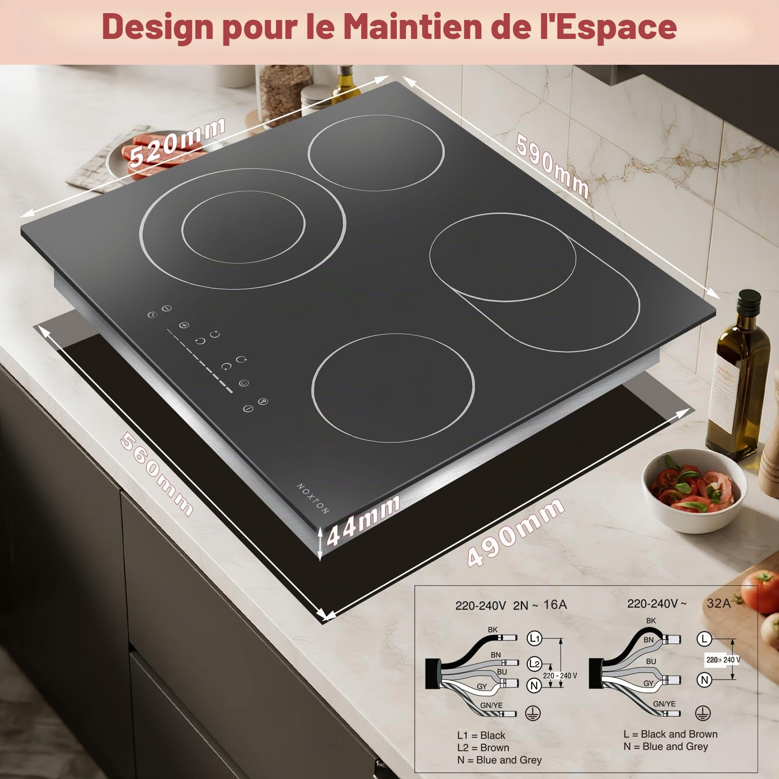 NOXTON Plaque Vitrocéramique 4 Feux, Plaque Electrique Encastrable 6600W, 60 cm Plaque de Cuisson Vitrocéramique avec Zone Ovale, 9 Niveaux de Puissance, Minuterie, Sécurité Enfants