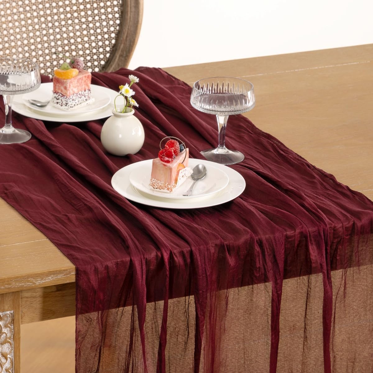 Burgundy Red Cheesecloth Table Runner 12pcs10FT Boho Rustic Sheer Gauze Cheese Cloth Table Runner 35x120 Inch for Anniversary Wedding Bridal Baby Shower Birthday Home Decor