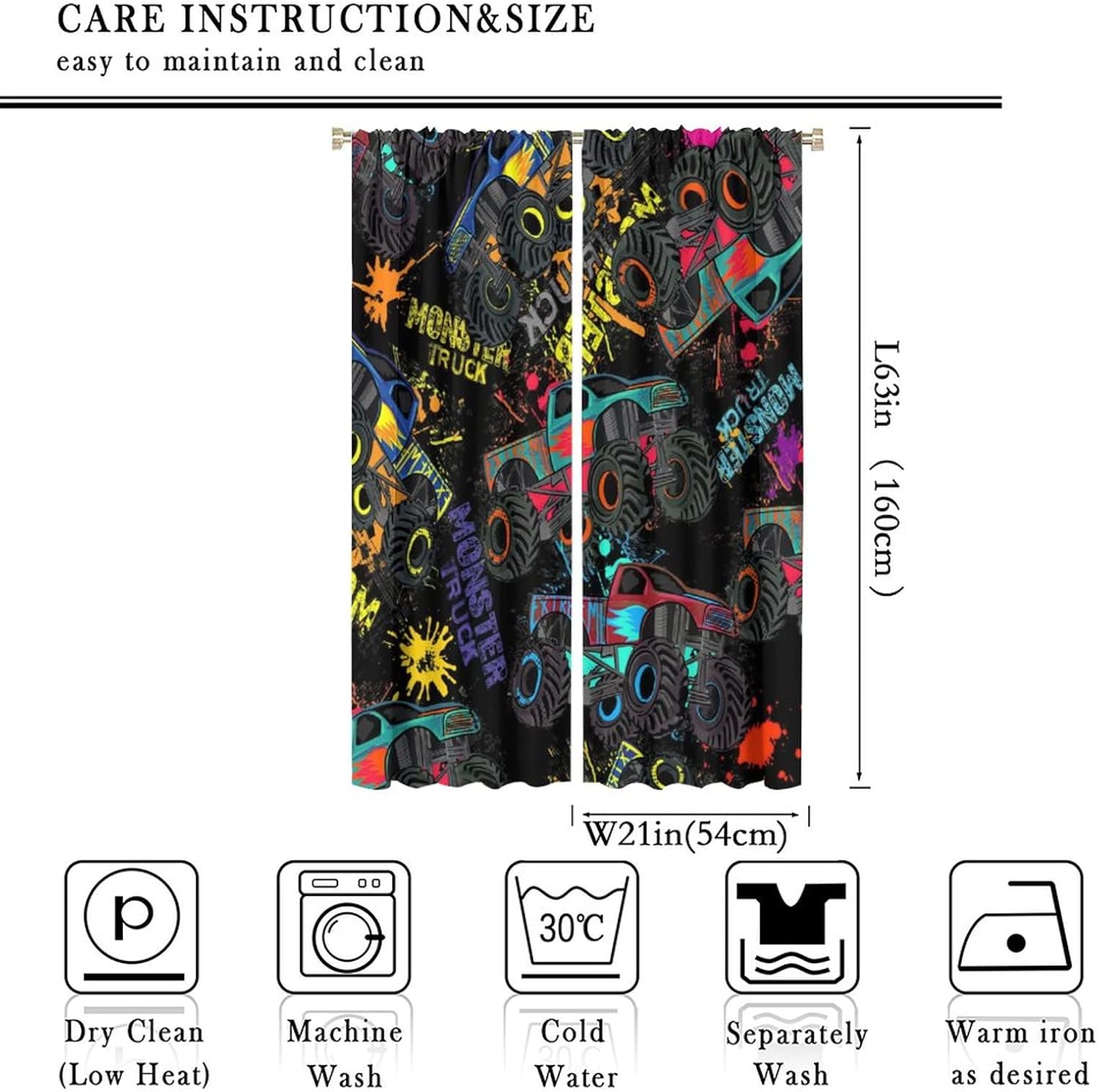 Cool Monster Truck Blackout Curtains for Bedroom Colorful Cartoon Paint Style Monster Trucks Doodle Window Curtains Rod Pocket 2 Panels 63L x 21W