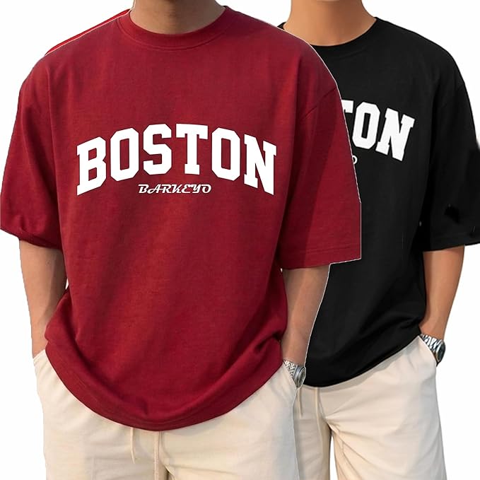 Barkeyo (Boston-ft) Oversized Drop Shoulder T-Shirt for Men — Pack of 2 | French Terry (Red/Black)
