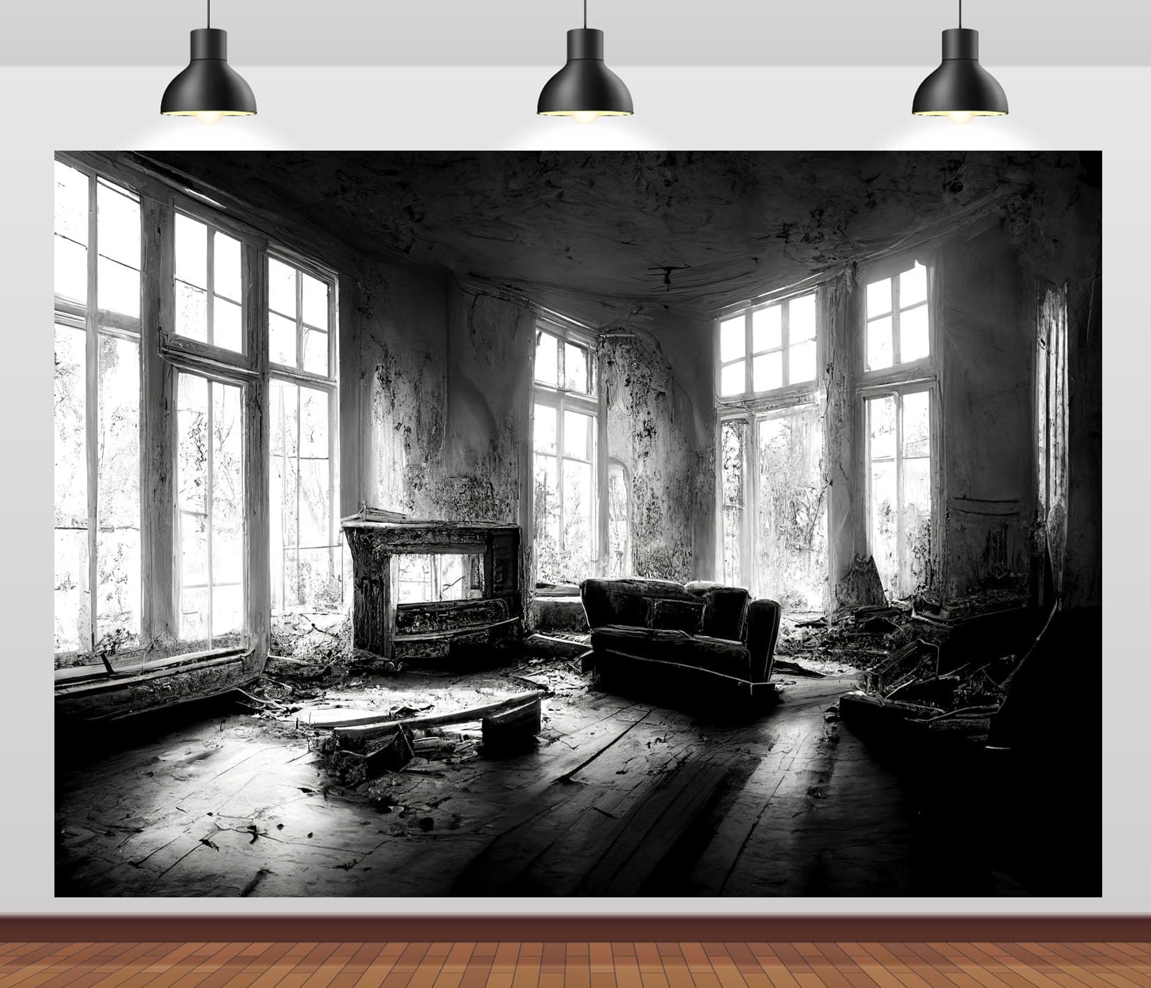 10x6.5FT (3x2m) Salotto Abbandonato In Bianco E Nero Sfondo Fotografico