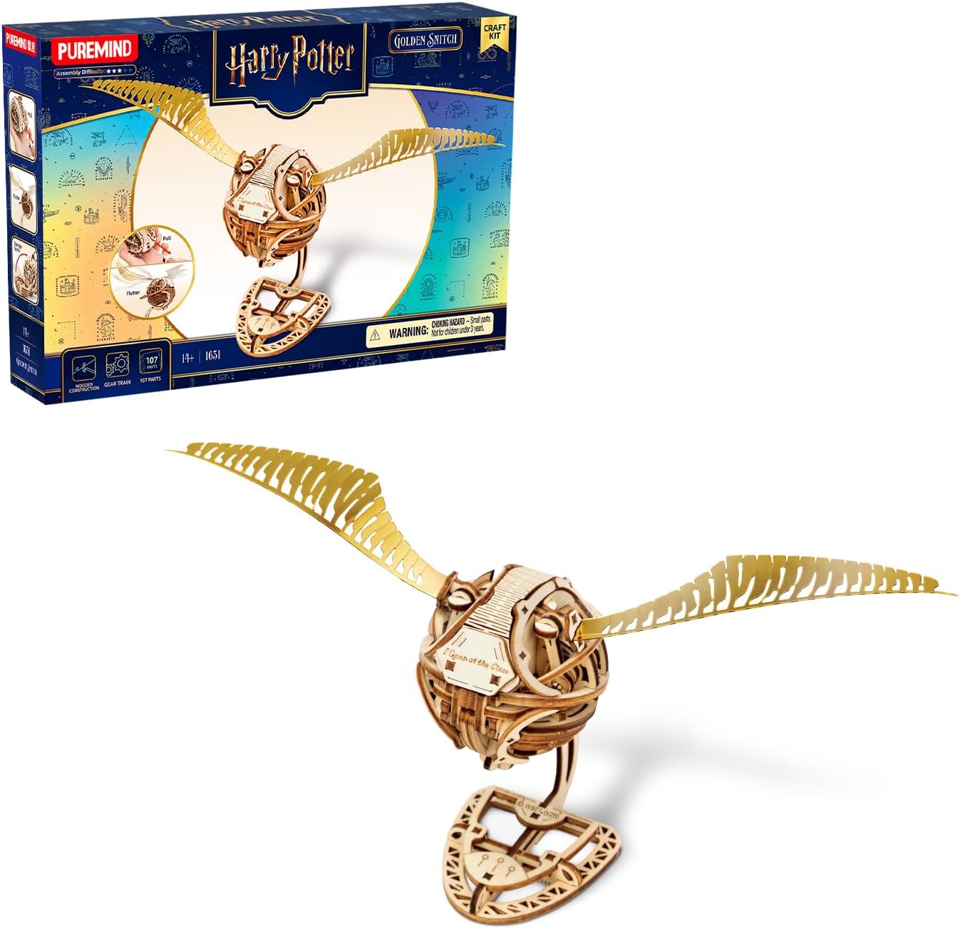 PUREMIND Harry Potter Snitch Dorada Puzzle 3D de Madera para Adultos con Licencia Oficial - Maqueta DIY con Alas Móviles, Decoración y Regalo de Colección