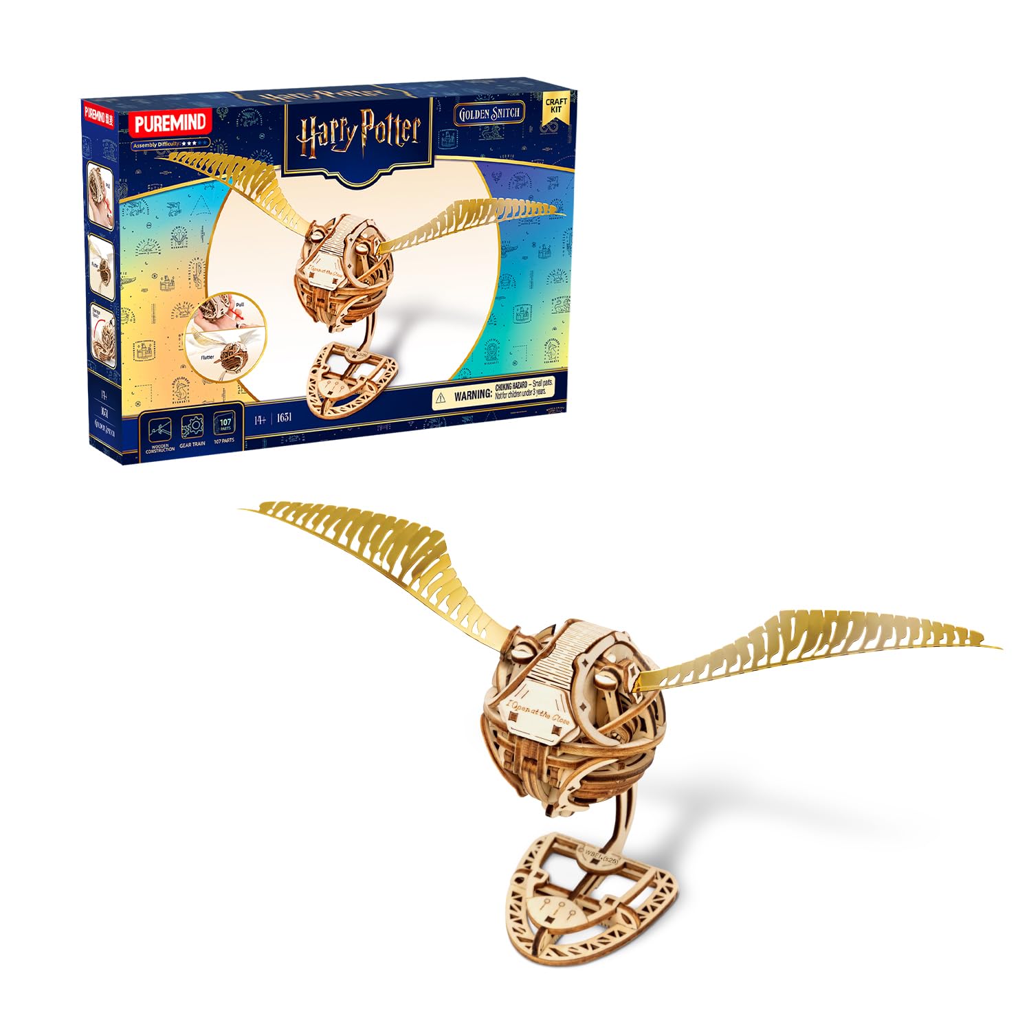 PUREMIND Harry Potter Golden Snitch 3D Wooden Puzzle Model Kit for Adults - Official Licensed Mechanical Wooden Model with Movable Wings - Magical DIY Craft Gift Fans & Collectible Home Decor
