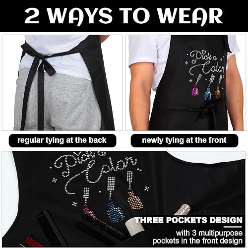 Miniatura 6 de SATINIOR Christmas I Do Nails Nail Tech - Delantal de cosmetología con diamantes de imitación coloridos, 2 piezas, delantal impermeable para uñas