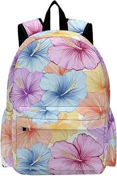 16 Inch Backpack Blue Hibiscus Colorful Flowers Laptop Backpack School Bookbag Shoulder Bag Casual Daypack