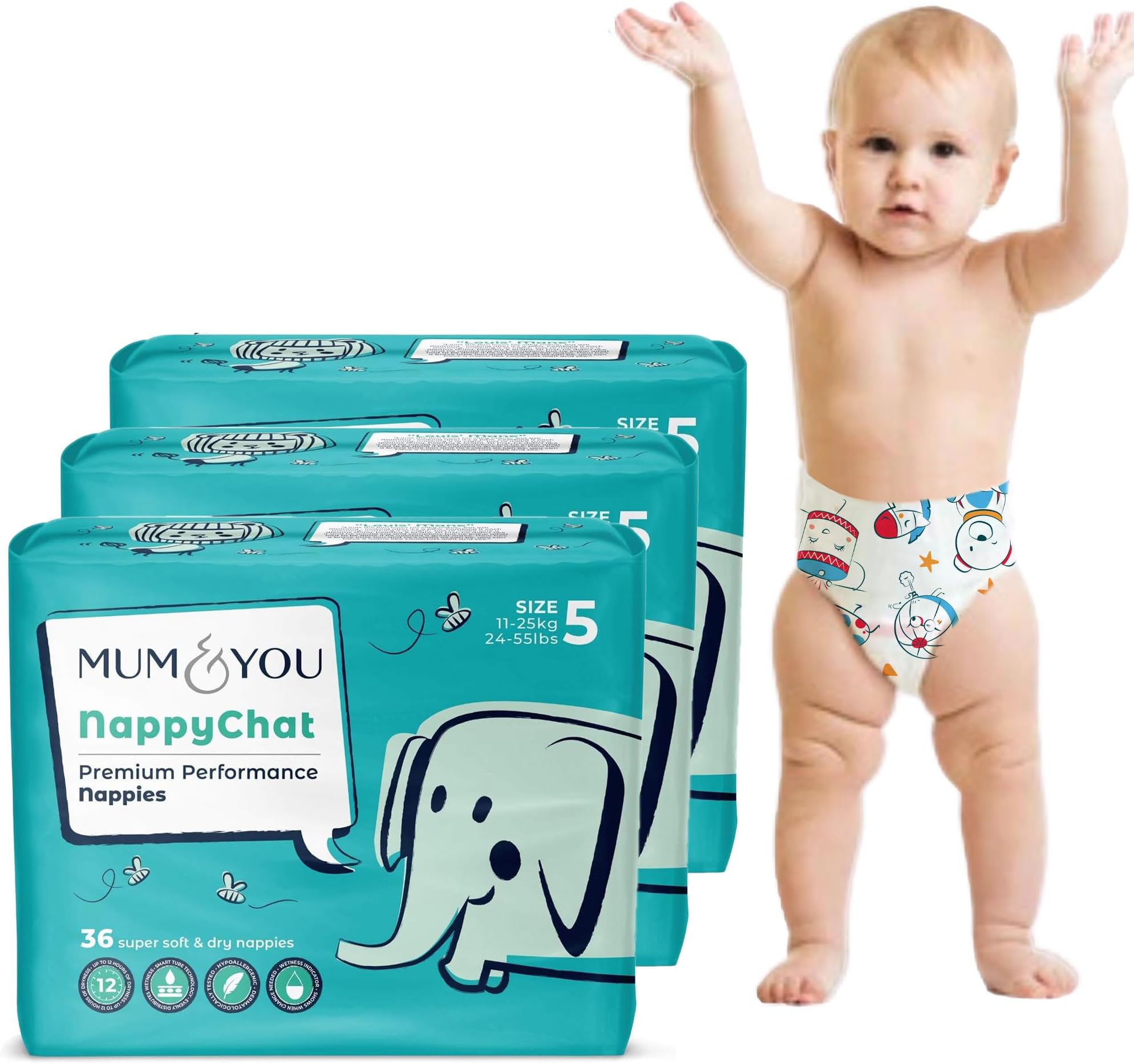 Mum & You Eco Friendly Baby Nappies, Size 5 Nappies (11-25 KG), 36 Count, Dermatologically Tested Nappy with 12-Hr Leak Protection Wetness Indicator, Rash-Free Baby Diaper, Day & Night Time Nappies