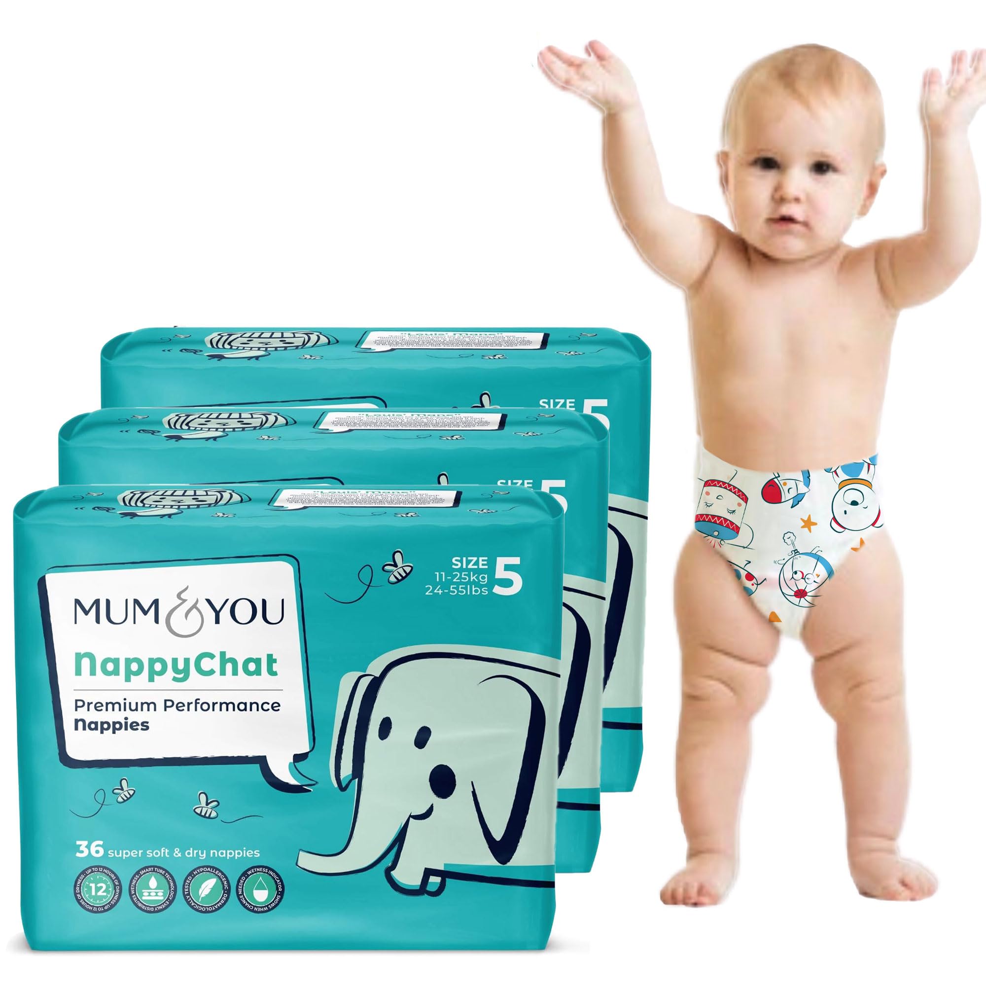 Mum & You Eco Friendly Baby Nappies, Size 5 Nappies (11-25 KG), 36 Count, Dermatologically Tested Nappy with 12-Hr Leak Protection Wetness Indicator, Rash-Free Baby Diaper, Day & Night Time Nappies