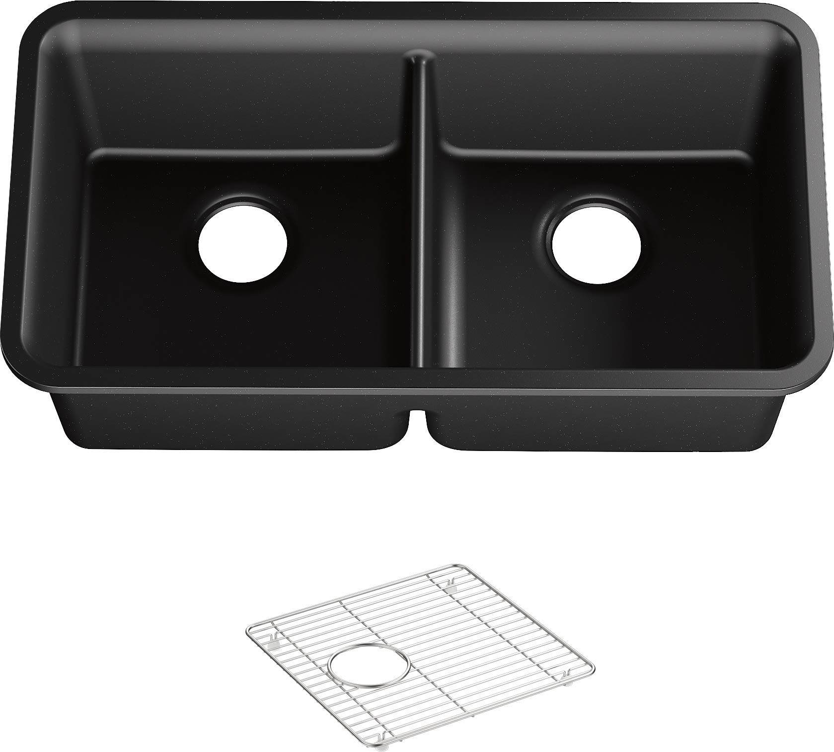 KohlerK-8199-CM1 Cairn Under-Mount Double-Equal Kitchen Sink with Basin Rack, 33-1/2" x 18-5/16" x 9-1/2", Matte Black