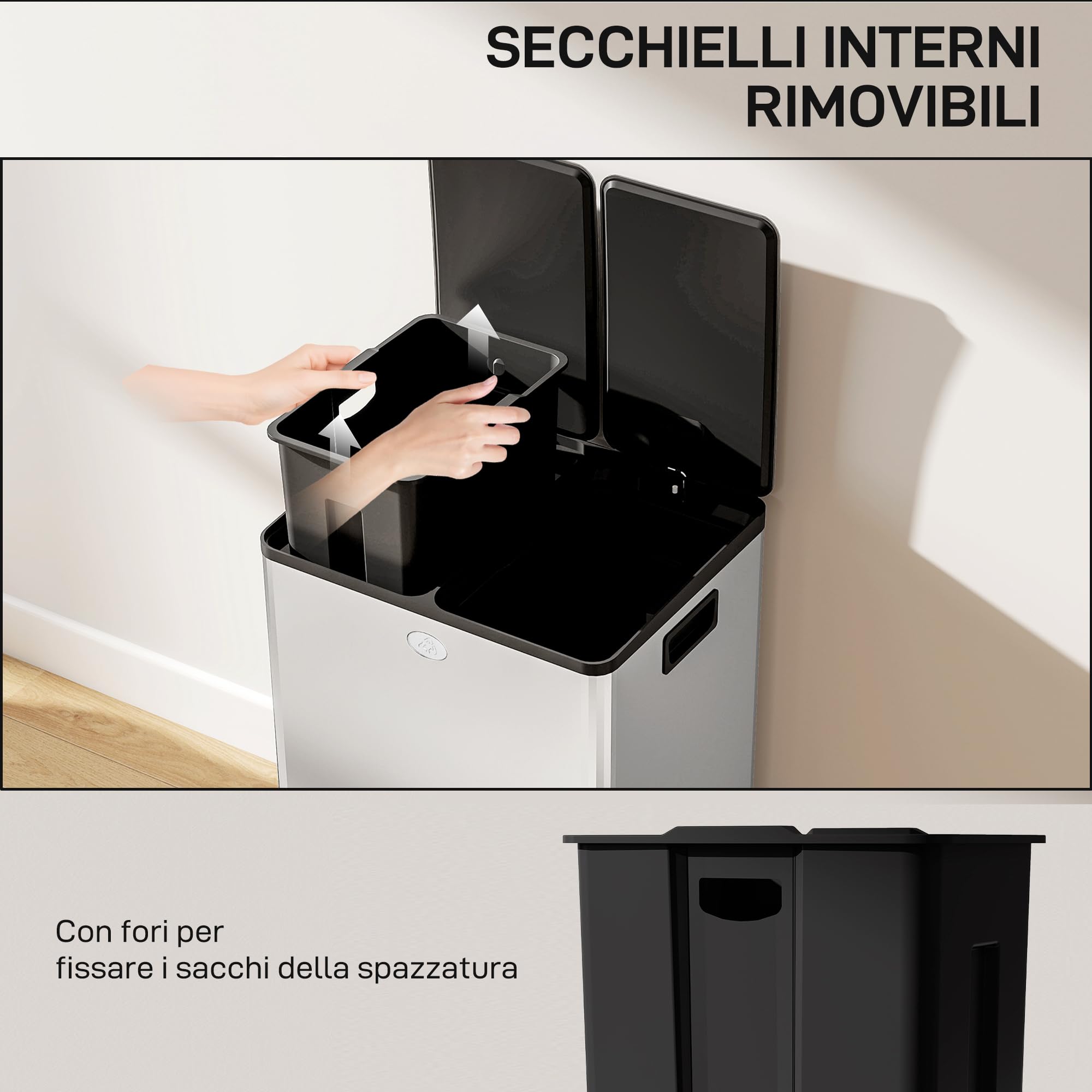 HOMCOM Pattumiera Differenziata 2 Scomparti 28L da Cucina a Pedale, Cestino Spazzatura con 2 Coperchi a Chiusura Silenziosa in Acciaio Inox e PP, 45.8x36x67.6 cm, Argento - 3