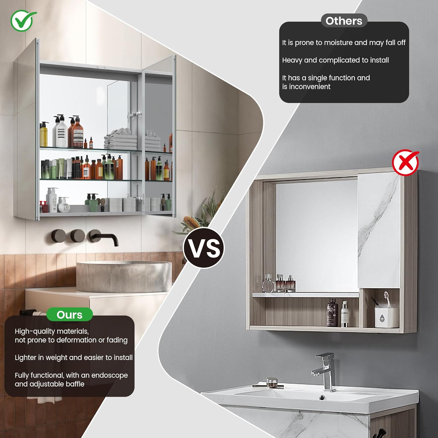 30 x 32 Bathroom Mirror Medicine Cabinet with Storage, Aluminum Silver, 2 Asymmetrical Doors Tempered Adjustable Shelves, Recessed & Wall-Mounted, Bathroom Storage Organizer Medicine Cabinet Mirror