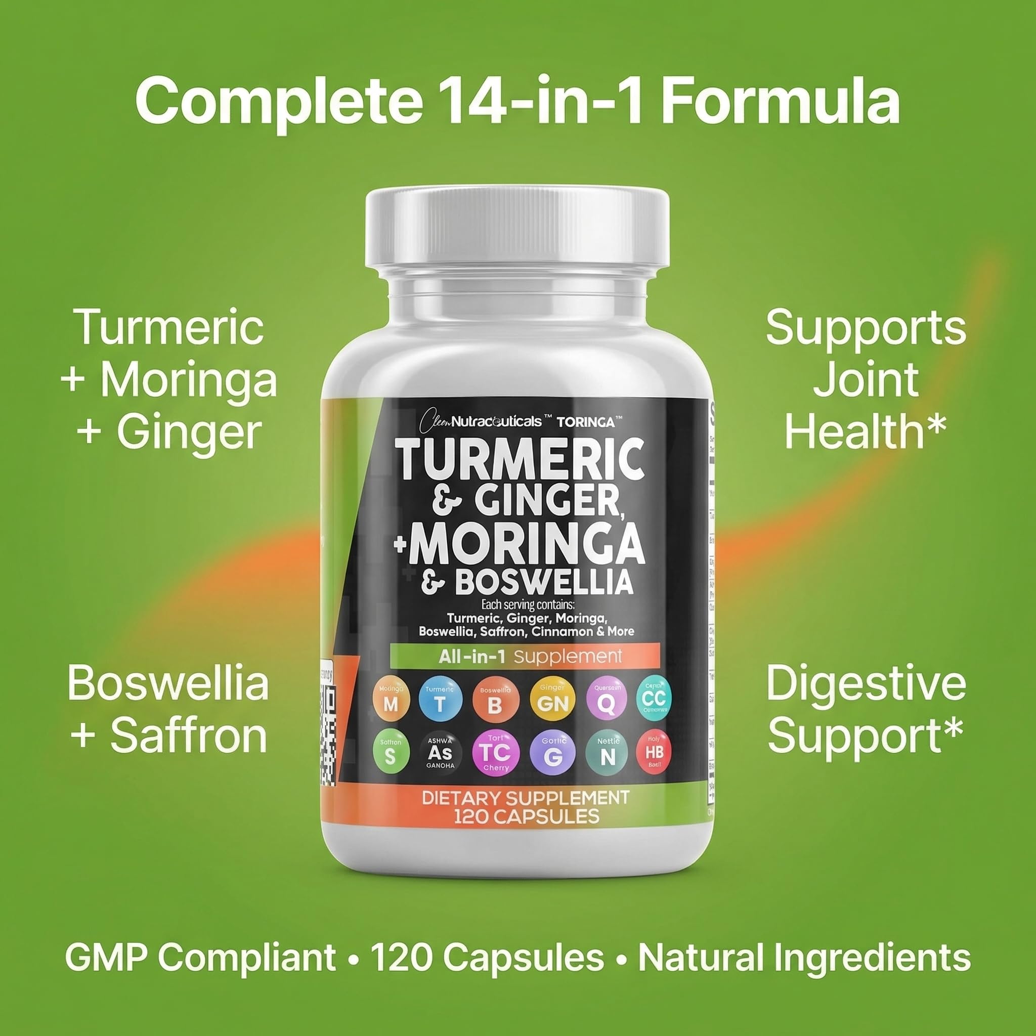 Clean Nutraceuticals Turmeric Moringa Supplement | Ginger Boswellia Saffron - Supplement for Women and Men with Ceylon Cinnamon, Tart Cherry, Quercetin Garlic Nettle Holy Basil - 1Pack — Amazon image 8
