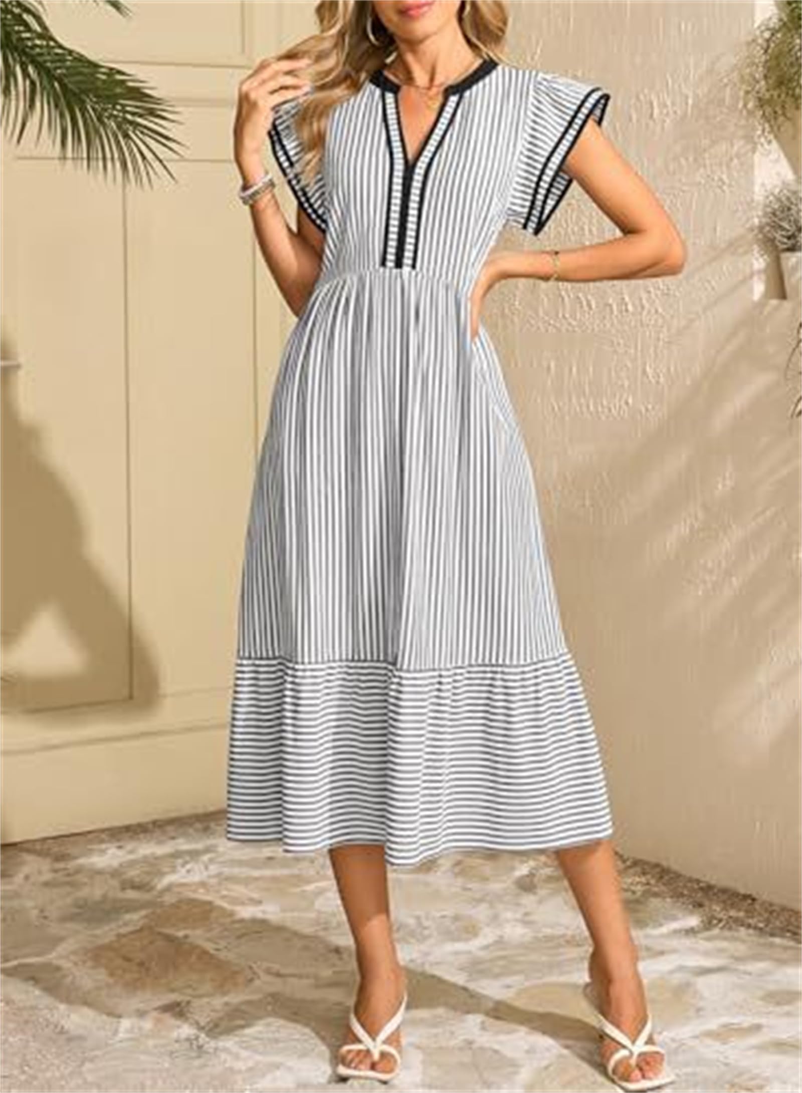 Vestido Midi de Verano para Mujer, Casual, con Escote en V, Estampado de Cuadros Vichy y Mangas Cortas con Volantes, Estilo Bohemio y Falda escalonada, Ideal para Vacaciones en la Playa.