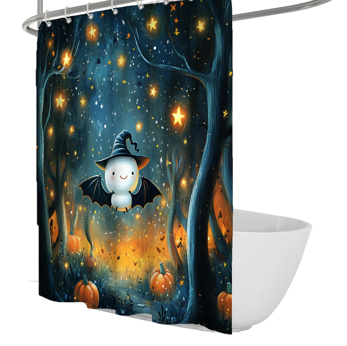 UIRINGART Cute Halloween Magic Forest Shower Curtain W200xL240cm Fantasy Starry Night Ghost Pumpkin Anti Mould Waterproof Washable Bathtub Screens for Walk-in Shower with Hooks