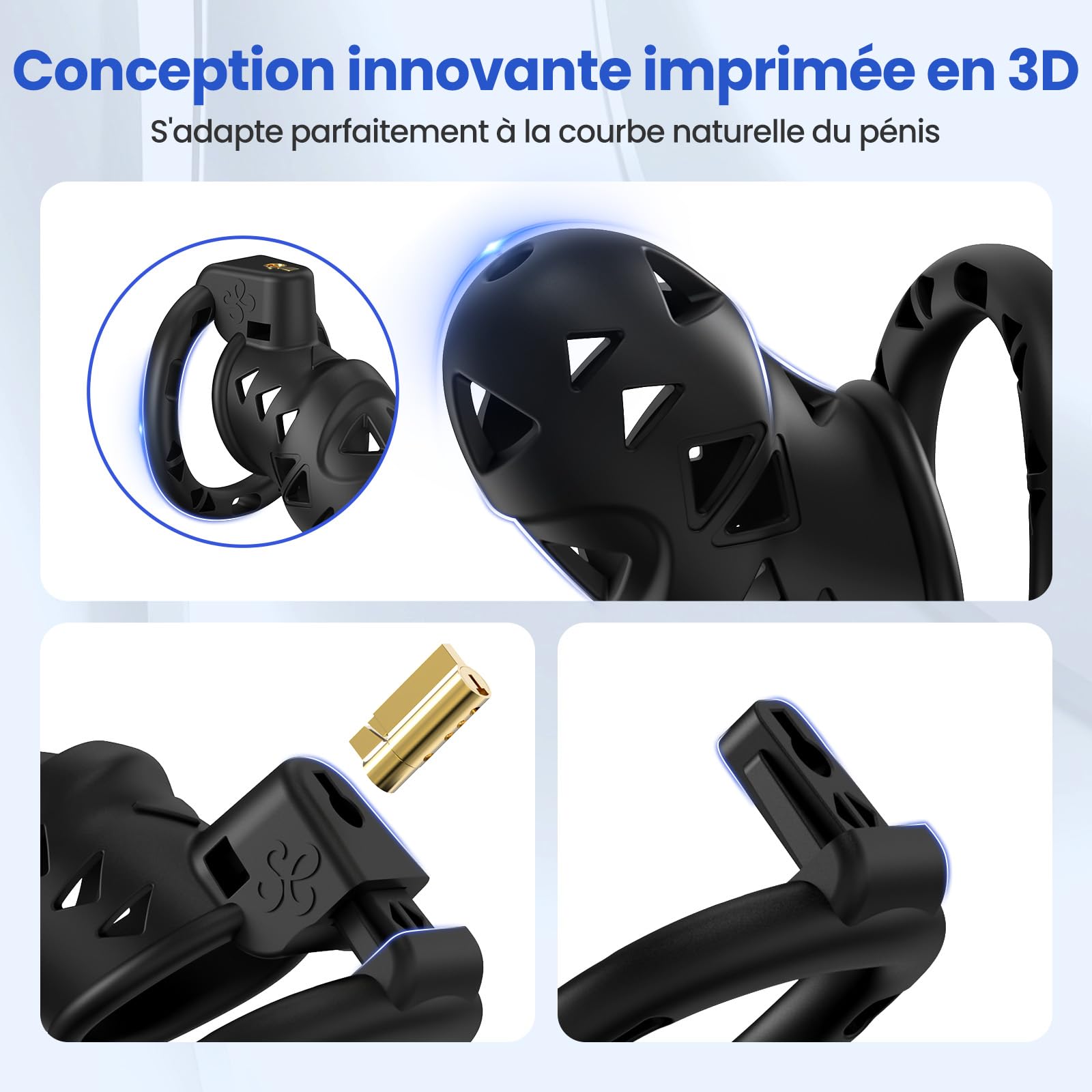 Sex Toýs Homme Couple Cage de Chasteté Pénis avec Chastity Cage Plug,Harnais Réglable et Ceinture de Chasteté avec Anneaux de 3 Tailles avec Accessoires de bondage BDSM
