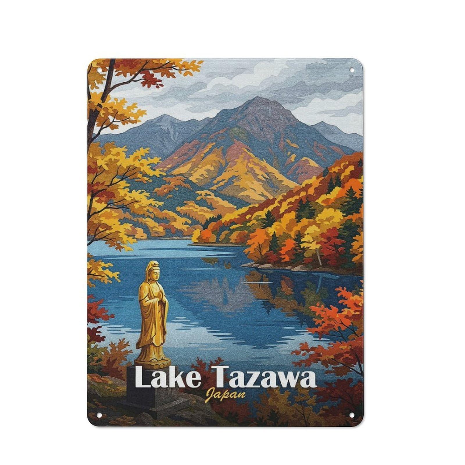 Lake Tazawa Japan Autumn Landscape Decorative Tin Plaque 40x30cm, Decorative Novelty Wall Art for Hallway, Home Bar, Garage Or Study