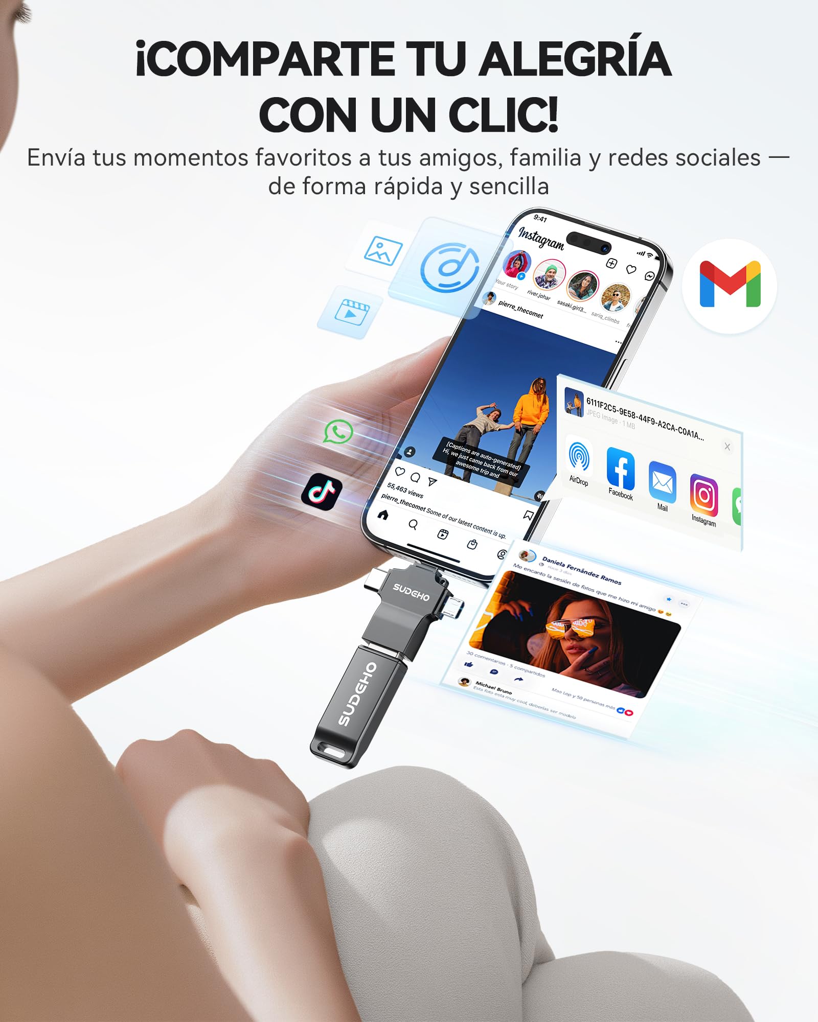 Memoria USB 128GB para iPhone con certificación MFi, Memoria Externa 4-en-1 USB 3.0 de Alta Velocidad, Pendrive iPhone para lPhone/iPad/Android/PC/Mac, USB para Fotos, Vídeos y Música, Negro