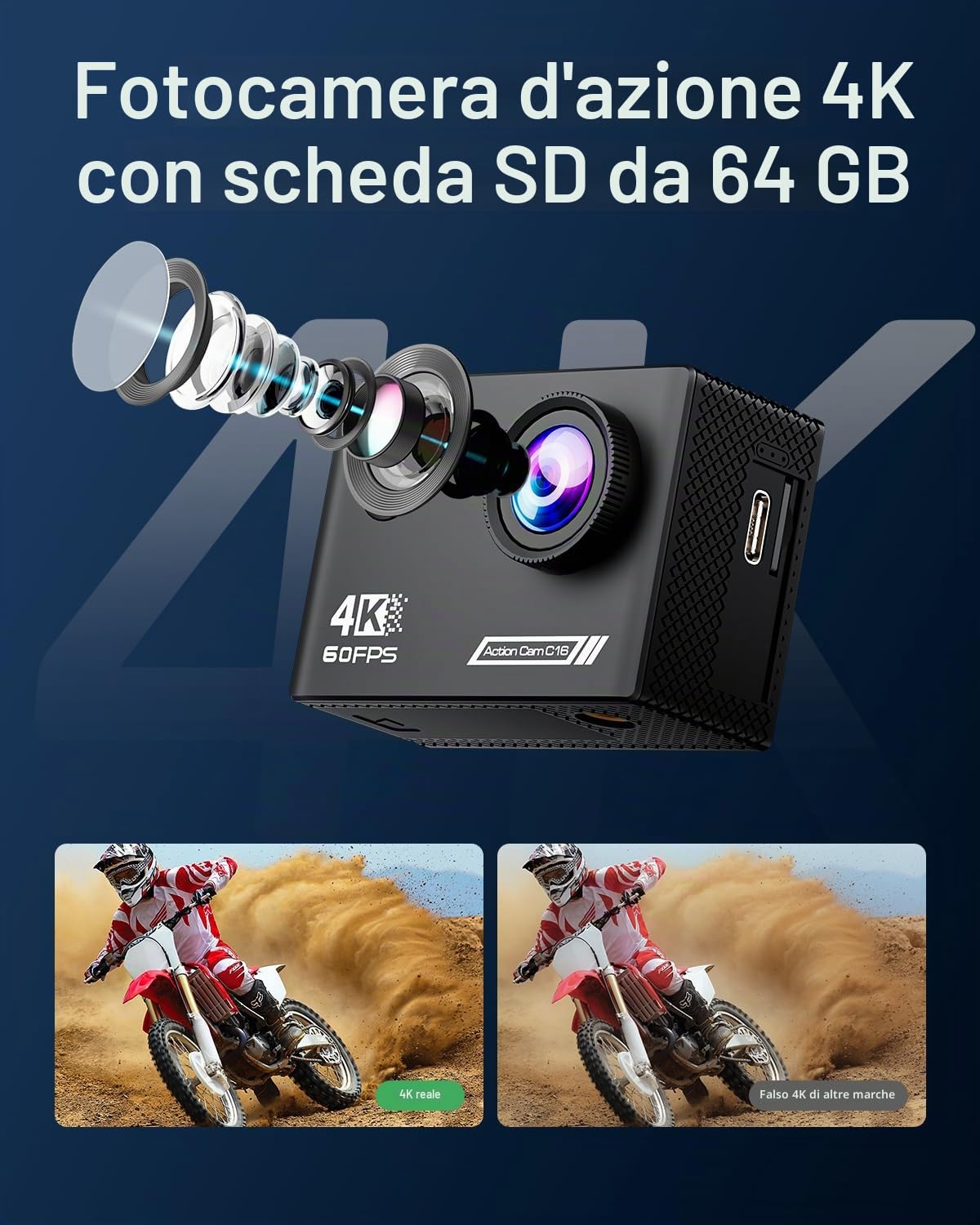 4K60FPS Action Camera 40M impermeabile subacquea con scheda SD da 64GB, stab. a 6 assi, fotocamera da moto con zoom 8x e telecomando 2,4GHz