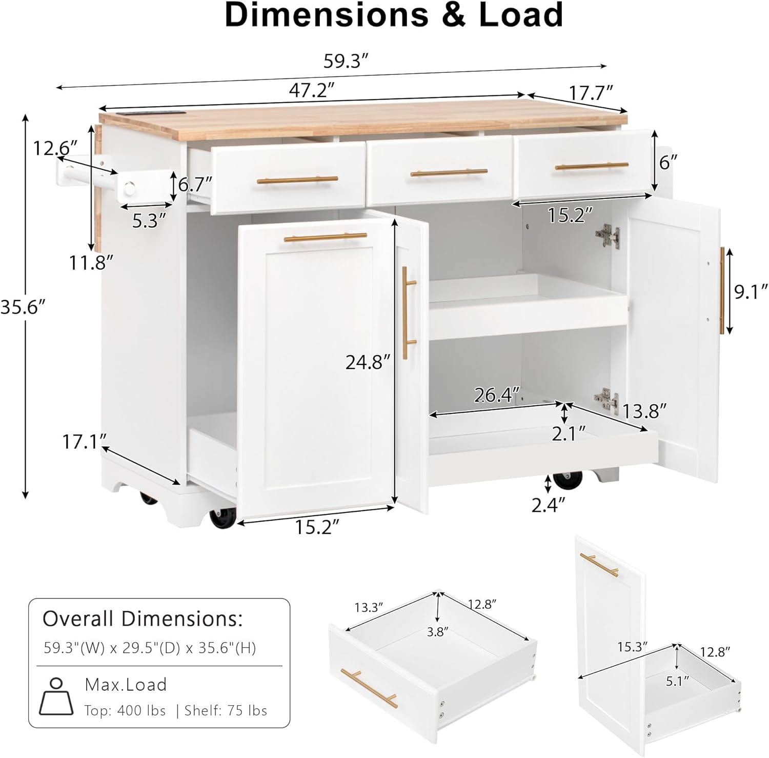 Diagram showing the dimensions and load capacities of the kitchen island, including overall width, depth, height, and individual component measurements.