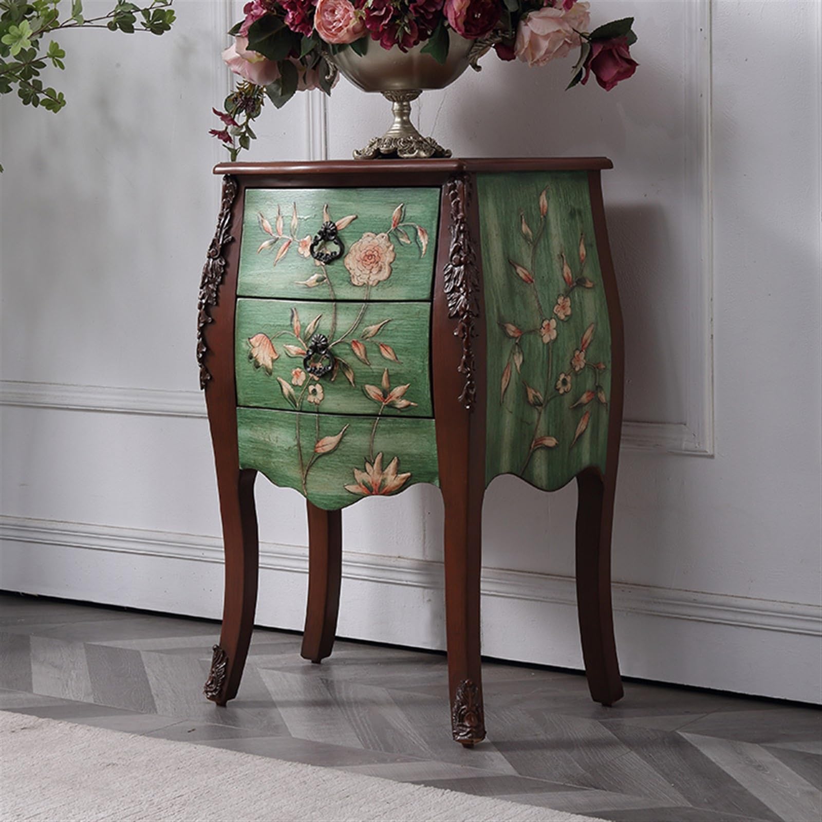 tavolino portaoggetti Comodino in legno dipinto, mobiletto laterale piccolo stile country, ad angolo, con cornice floreale