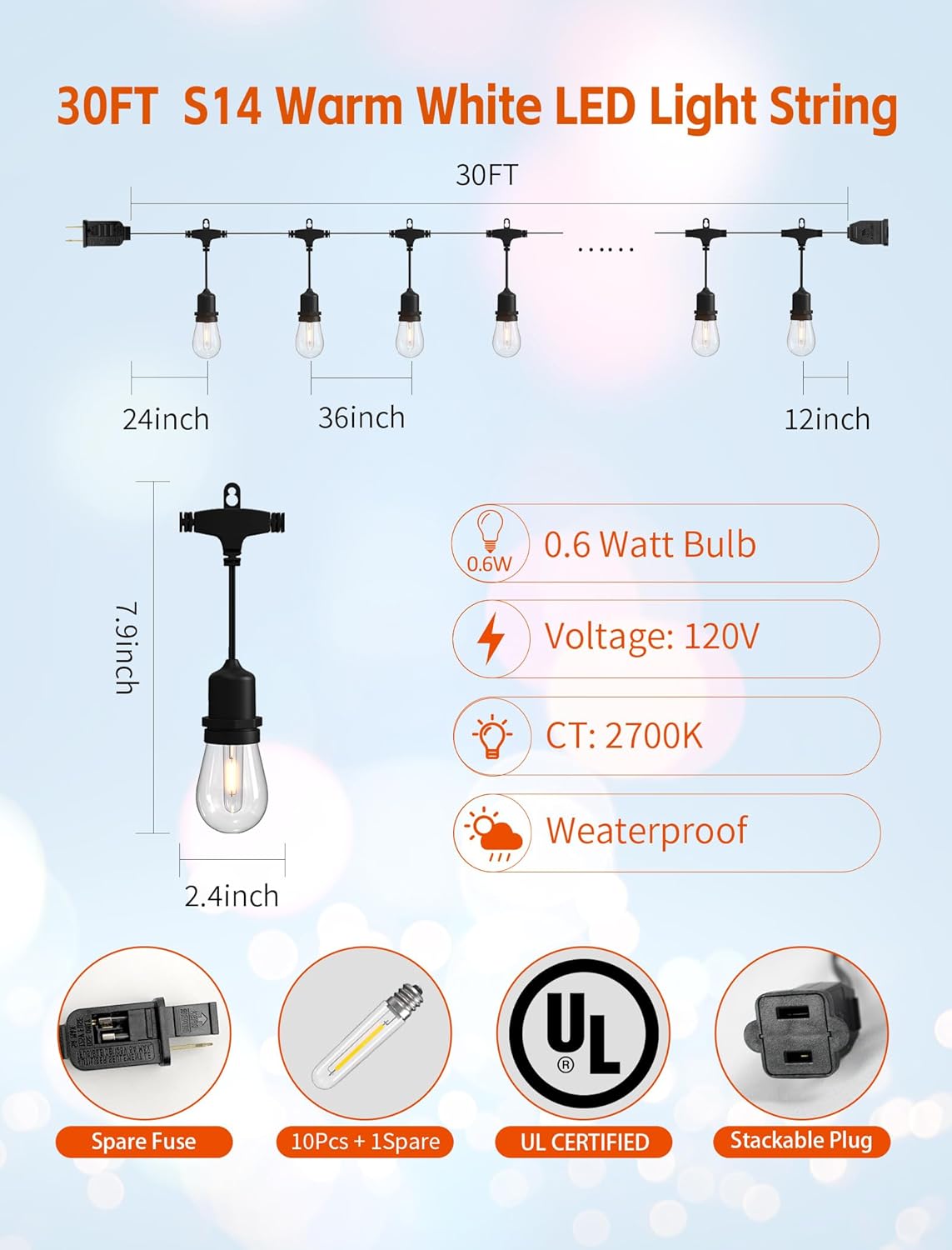 Patio String Lights 30FT, Warm White Plug-in Hanging Lights with Shatterproof LED Bulbs, Waterproof Outdoor Lights for Balcony, Small Patio, Wedding, Porch and Backyard Decor