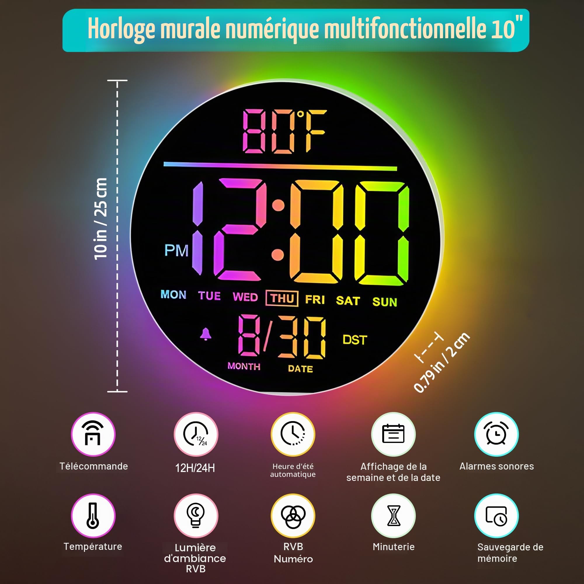 Maxstar 10" Horloge Murale Ronde Digitale avec Télécommande - Affichage Numérique LED - Grand Écran LED RGB, Luminosité Auto, Thermomètre, Alarme - Décor Salon/Chambre/Cuisine - Noir