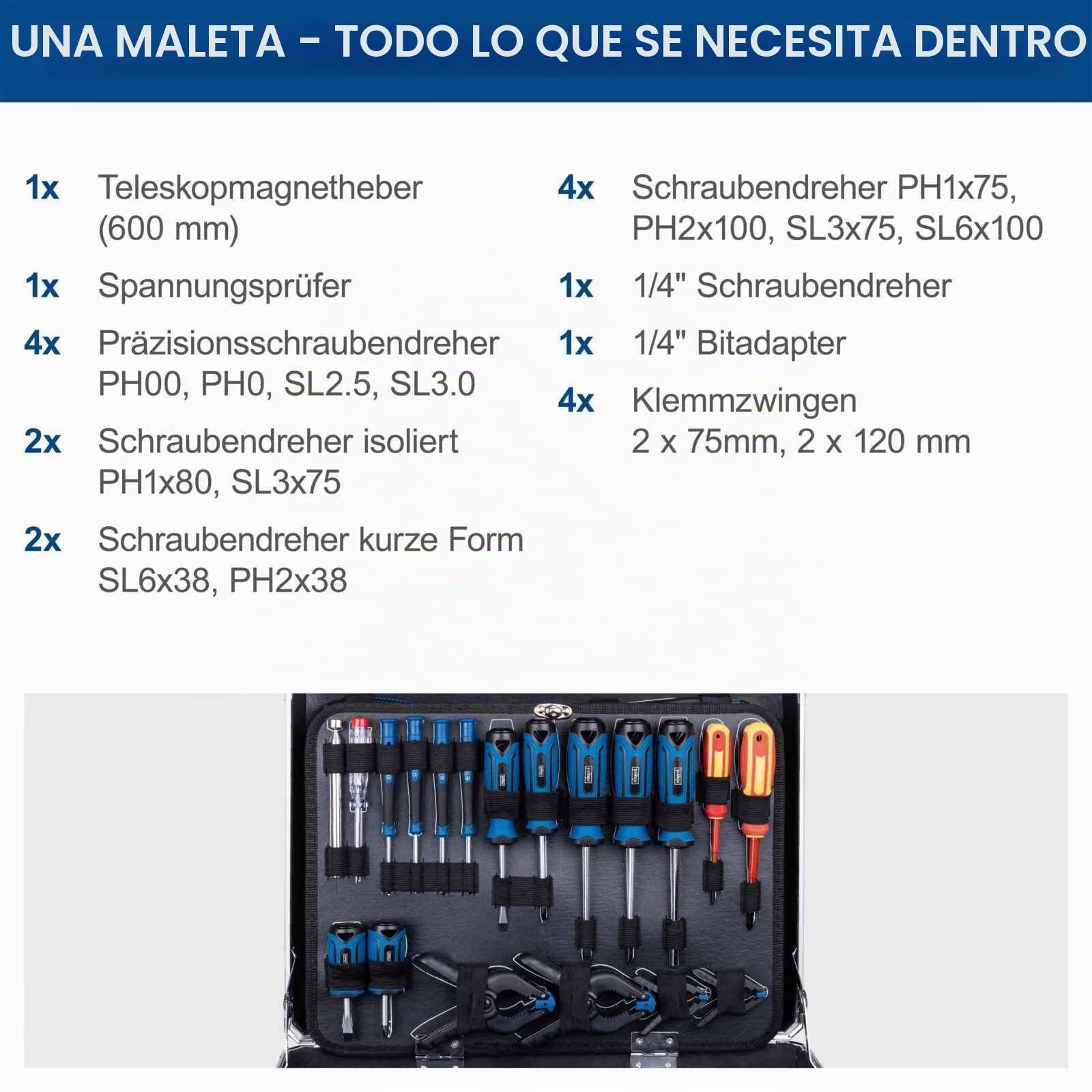 Scheppach TB200 - Maletín de herramientas de aluminio (141 piezas) | Maletín de taller con llave inglesa, martillo, alicates, destornillador, caja de herramientas para taller y hogar