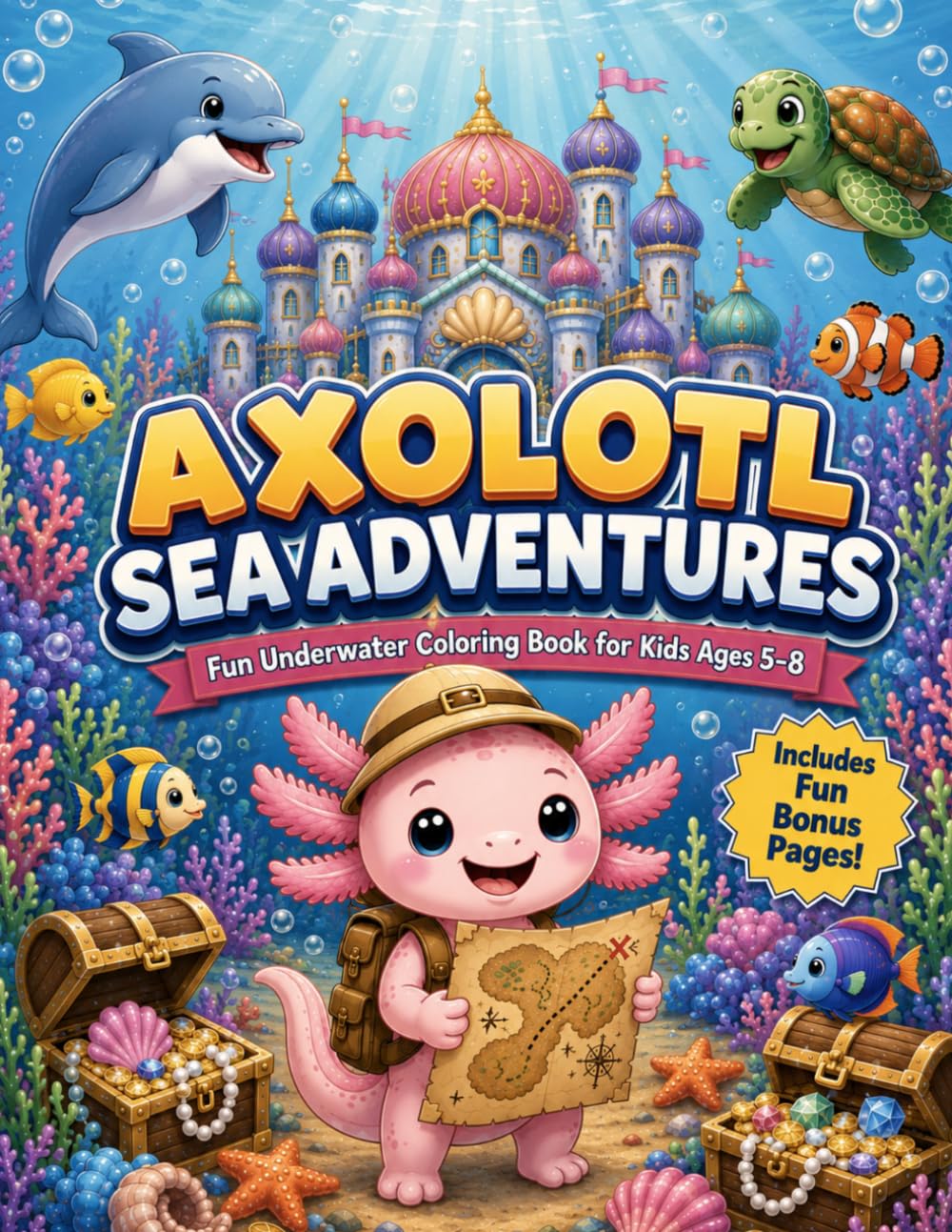 Axolotl Sea Adventures: A Fun Underwater Coloring Book for Kids Ages 5–8 Featuring an Explorer Axolotl, Ocean Friends, Coral Kingdoms, Treasure Hunts, and Sea Adventures