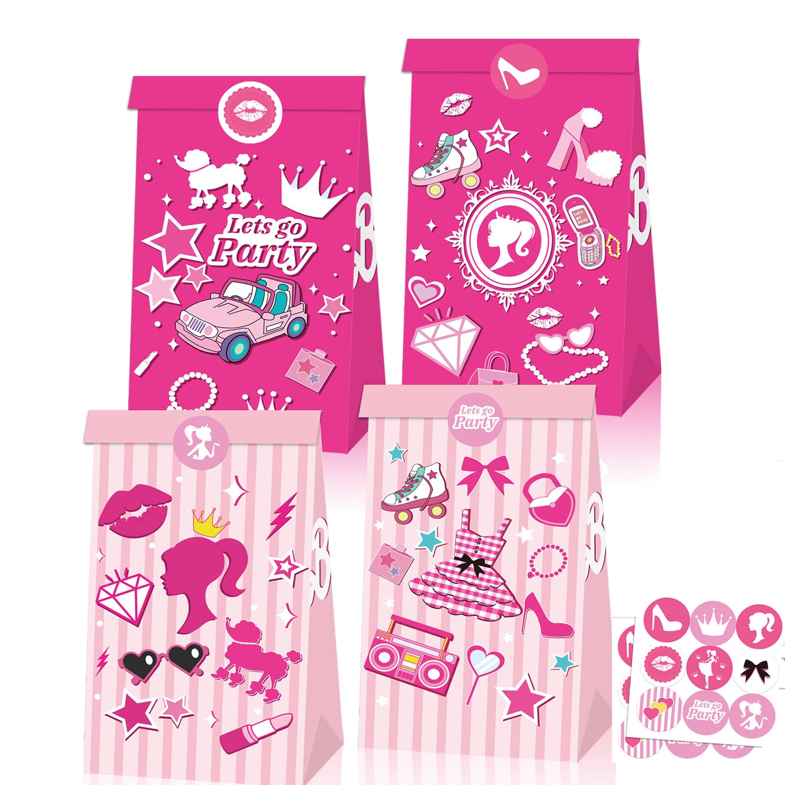12Pcs Paper Party Bags for Kids Party, 22x12x8cm Pink Princess Small Gift Bag Candy Goodie Treat Bags with 18 Stickers for Boys Girls Birthday Pink Princess Theme Parties Bag favours Presents