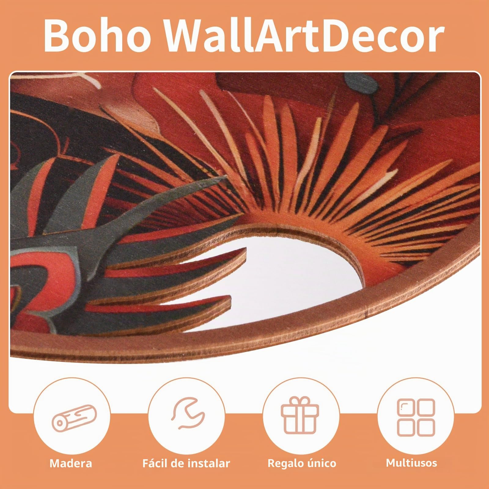 Qaixwuyi Juego de 4 piezas de decoración de pared estilo boho, arte geométrico de madera, decoración rústica redonda moderna con reverso autoadhesivo para sala de estar y dormitorio