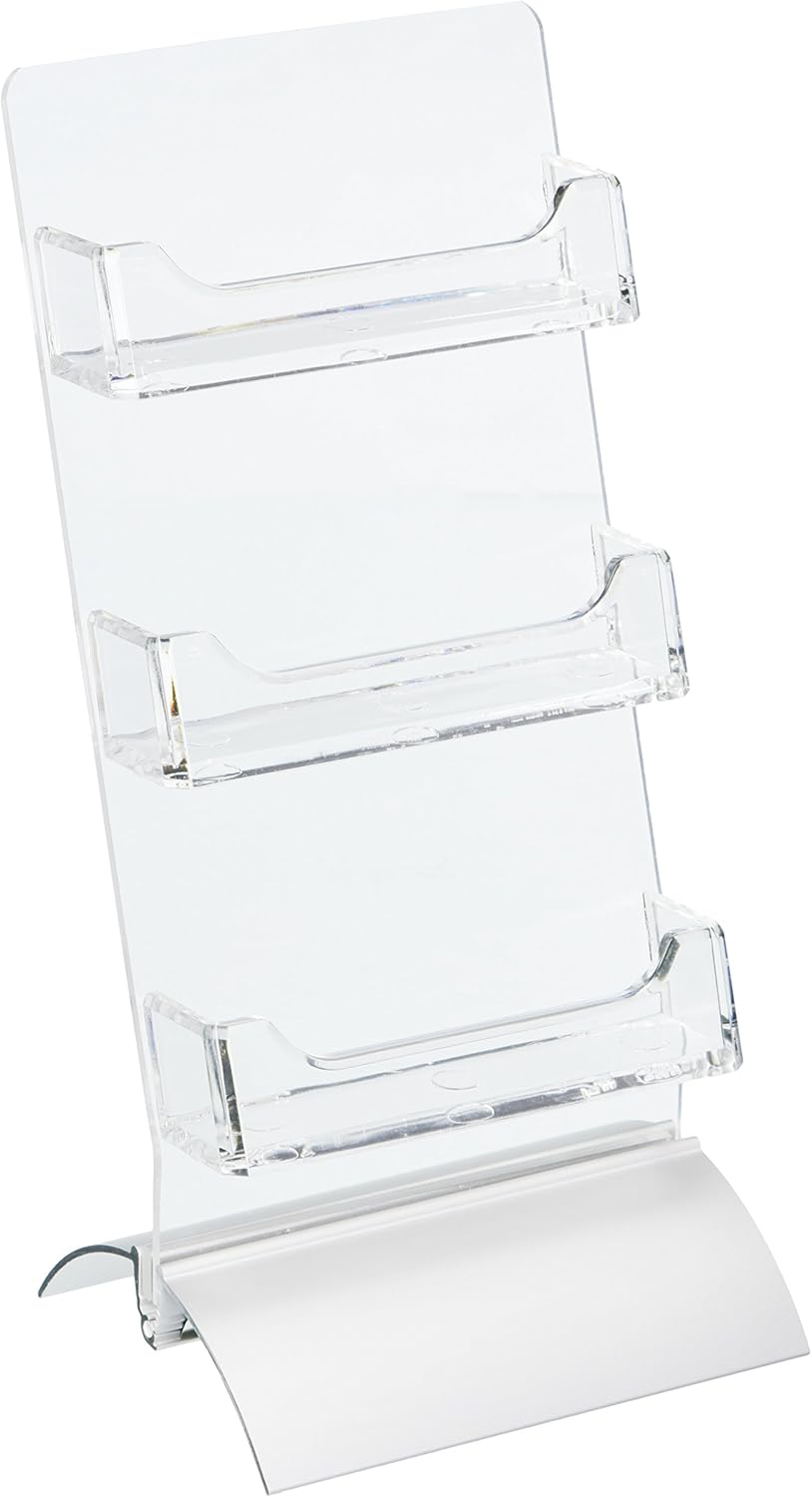 Displays2go Set of 10 - Business Card or Gift Card Holder, 3-Tiers with Silver Base (Acrylic and Aluminum)