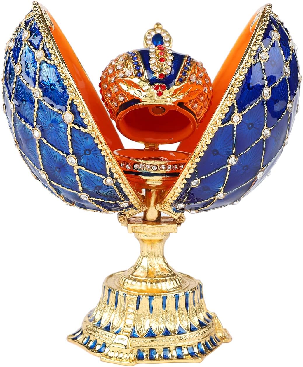 QIFU Vintage Easter Egg Style Blue Enamled Trinket Box with Mini Crown Unique Gift for Home Decor