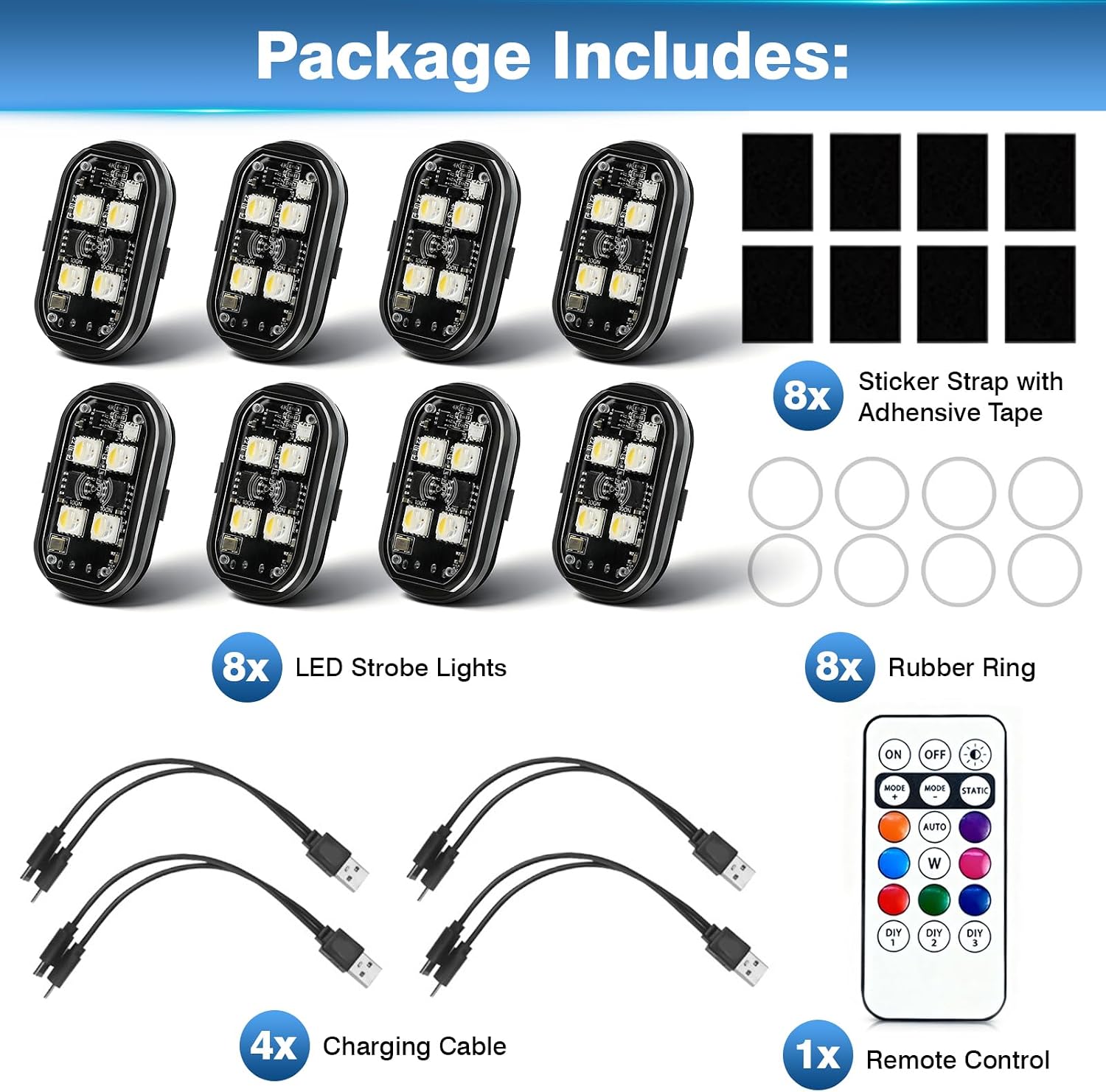 8 Colors LED Strobe Light with Remote Control, 5 V DC, LED Emergency Flashing Lights, Compatible with Cars,Motorcycles,Bicycles,Camper, Warning Remote Controlled Light (8 in 1)
