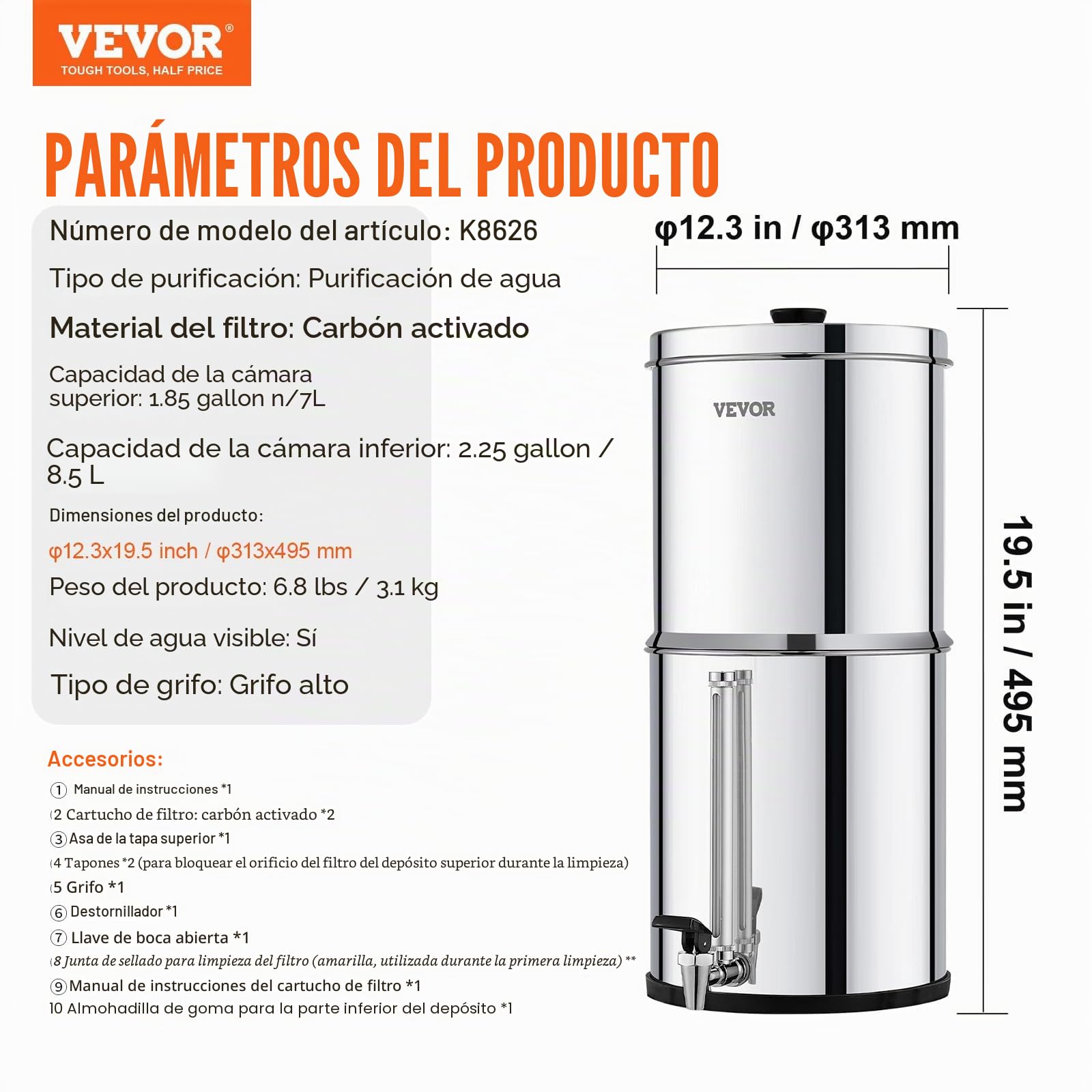 VEVOR Sistema de Filtración de Agua por Gravedad 8,5 L Sistema de Encimera Acero Inoxidable Reduce Plomo y hasta 99% de Cloro con 2 Filtros de Carbón y Grifo Nivel de Agua Visible para Camping