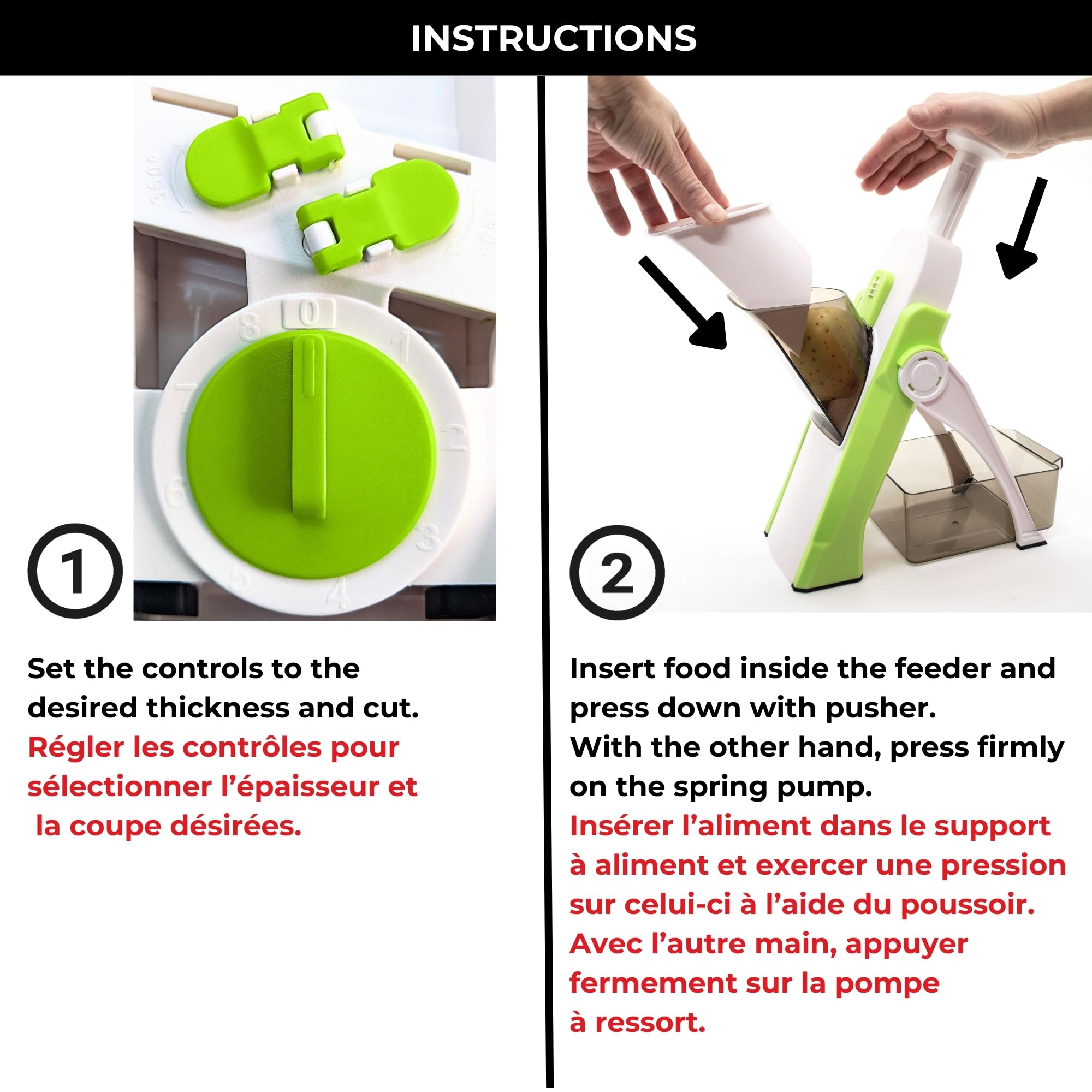 Starfrit Pump'n'Slice - Mandolina vertical, cortador y picador de alimentos, seguro | Cuchillas cerradas seguras. Corte ajustable. Juliana y dados. Ideal para frutas y verduras. Se pliega para almacenamiento.