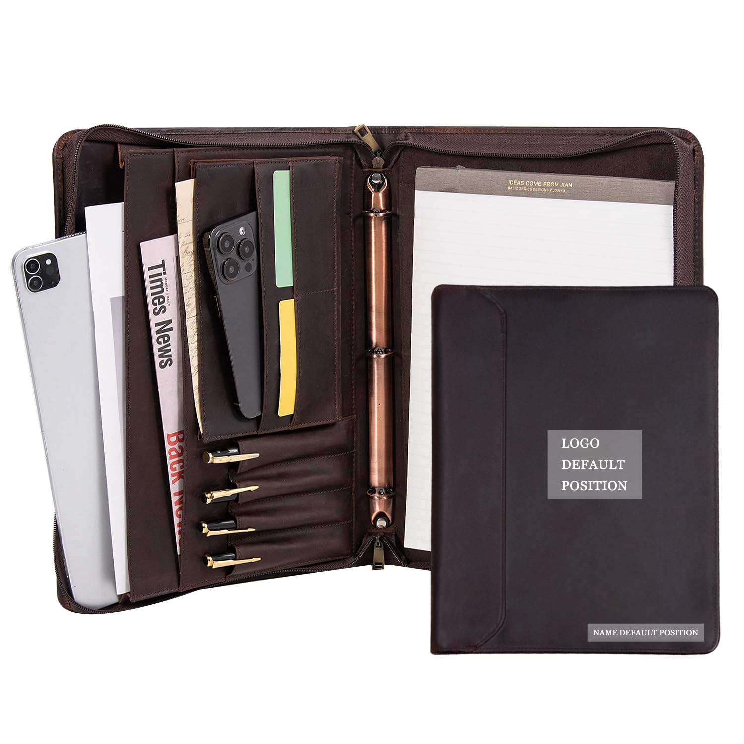 Padfolio Binder- A4 Letter Size 3-Ring Binder, Leather Portfolio Folder Organizer Deep Brown Crazy Horse Leather with Free Name Engraving. Includes Business Card Holder and Letter-Sized Writing Pad.