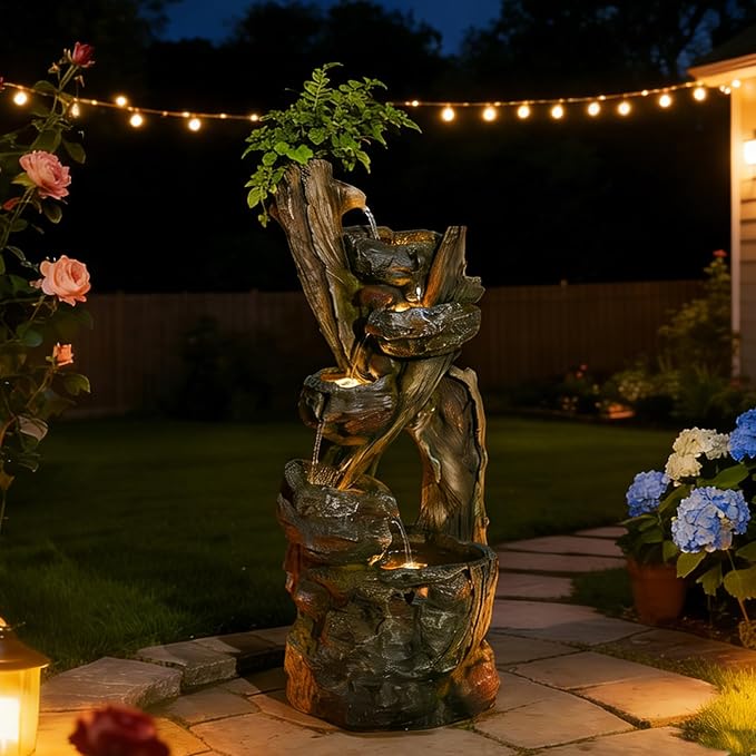 Water Fountain Outdoor 5-Tiers Large Cascading Realistic Tree Trunk Natural Waterfall Outdoor Fountain Resin Imitation Wood with LED Lights for Garden, Patio, Porch