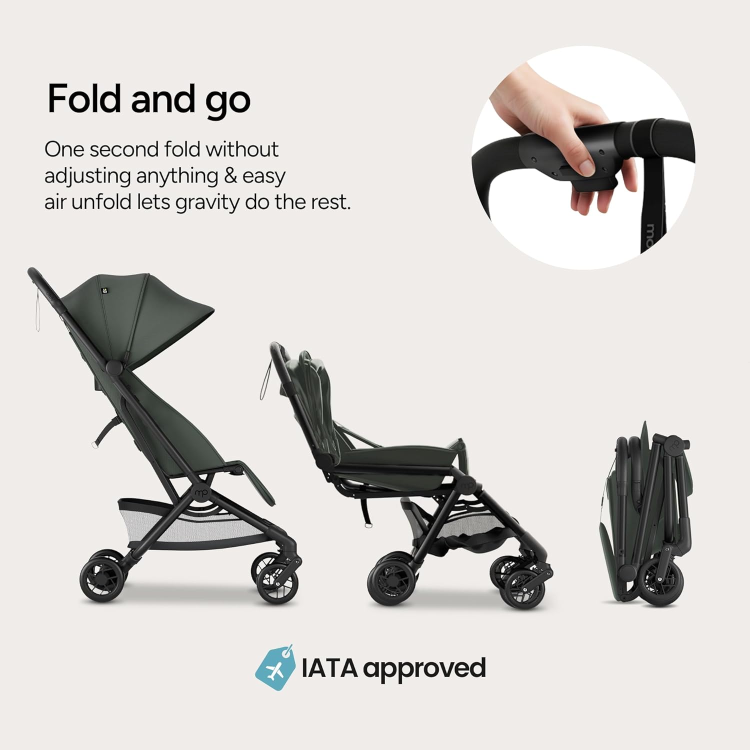 Mompush Velo Lightweight Travel Stroller, Compact & Airplane-Friendly for Baby and Toddler, Lie-Flat Seat, One-Hand Fold, with Leather Bumper Bar, Shoulder Strap, Raincover, Storage Bag & Cup Holder