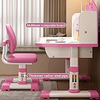 Vista 3 de Small Desk, Desk Chair Set, Widened Desktop Multi Separation Cartoon Pattern Kids Adjustable Height Study Table with Drawer Chair(Pink)