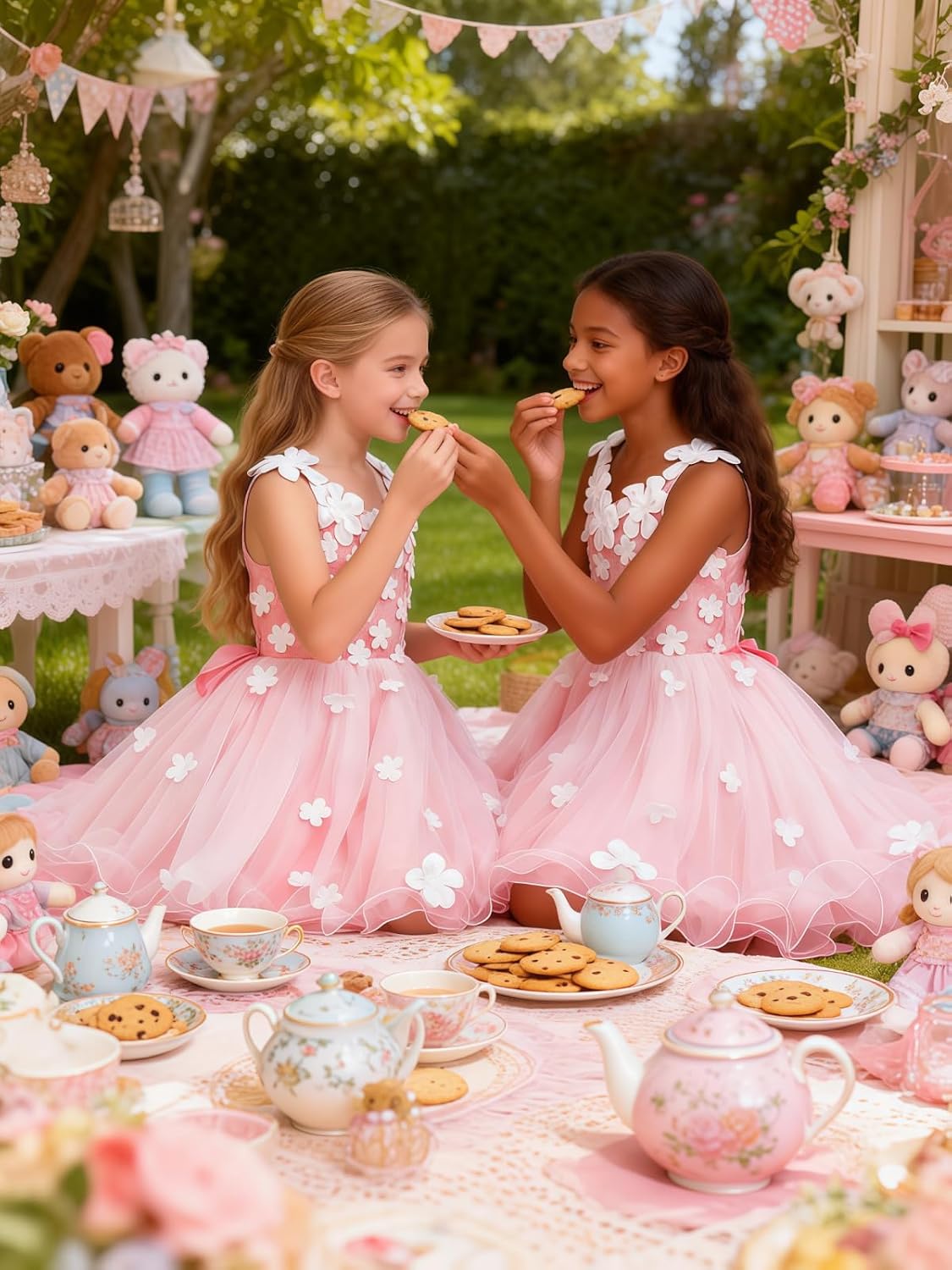 Tulle 3D Floral Flower Girl Dress Lace V-Neck Short Junior Bridesmaid Dresses Satin Bow Pageant Formal Wedding Gown