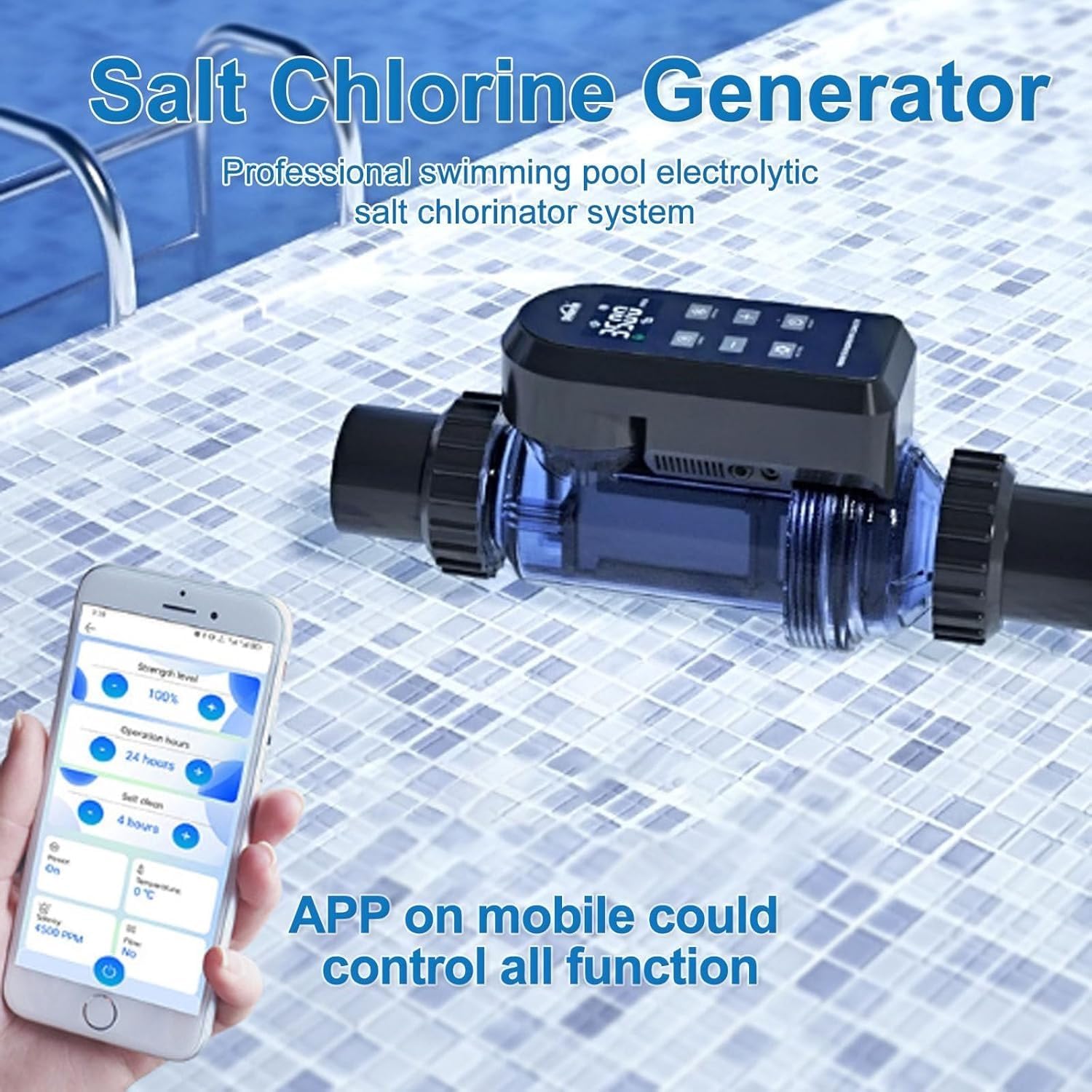 Sistema Inteligente de clorador de Piscina de Agua Salada, con Control de aplicación, celda de Titanio autolimpiante, monitoreo Digital y Alarma, for Piscinas enterradas y elevadas(20g/h)