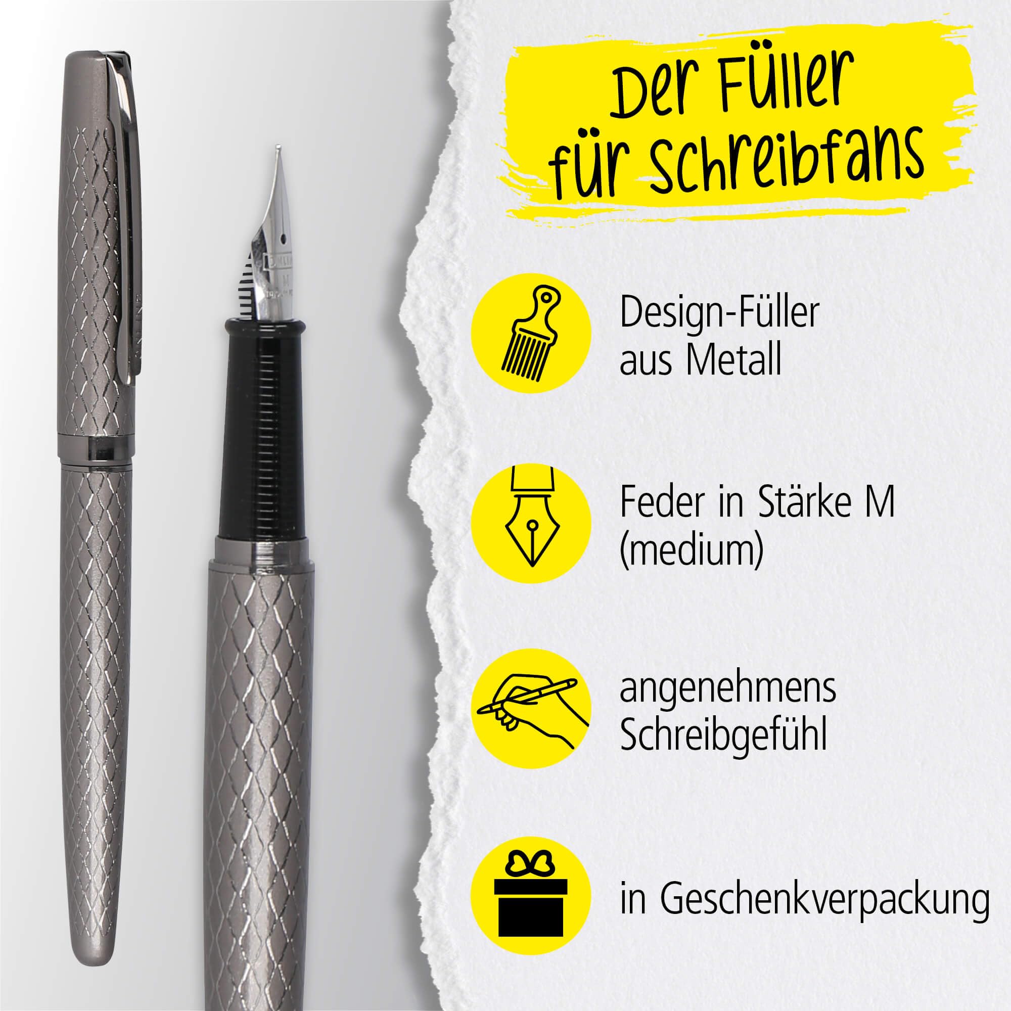 Online Eleganza Fountain Pen Diamond I Titan I Nib Size M I Metal Clip I Includes Ink Cartridge I Fountain-Pen for Standard Ink Cartridges Or Converter I In Gift Box - Image 2