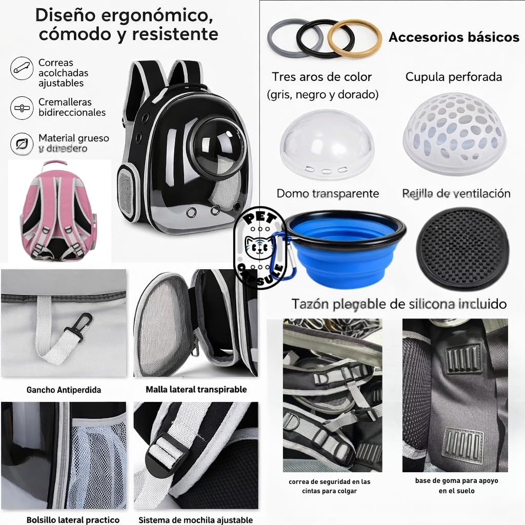 Mochila Transportín Gato y Perro Pequeño hasta 6 kg – Transportín Gatos Cápsula con Ventana Transparente y Cúpula Perforada – Mochila para Gatos Medidas Cabina Avión, Ventilación